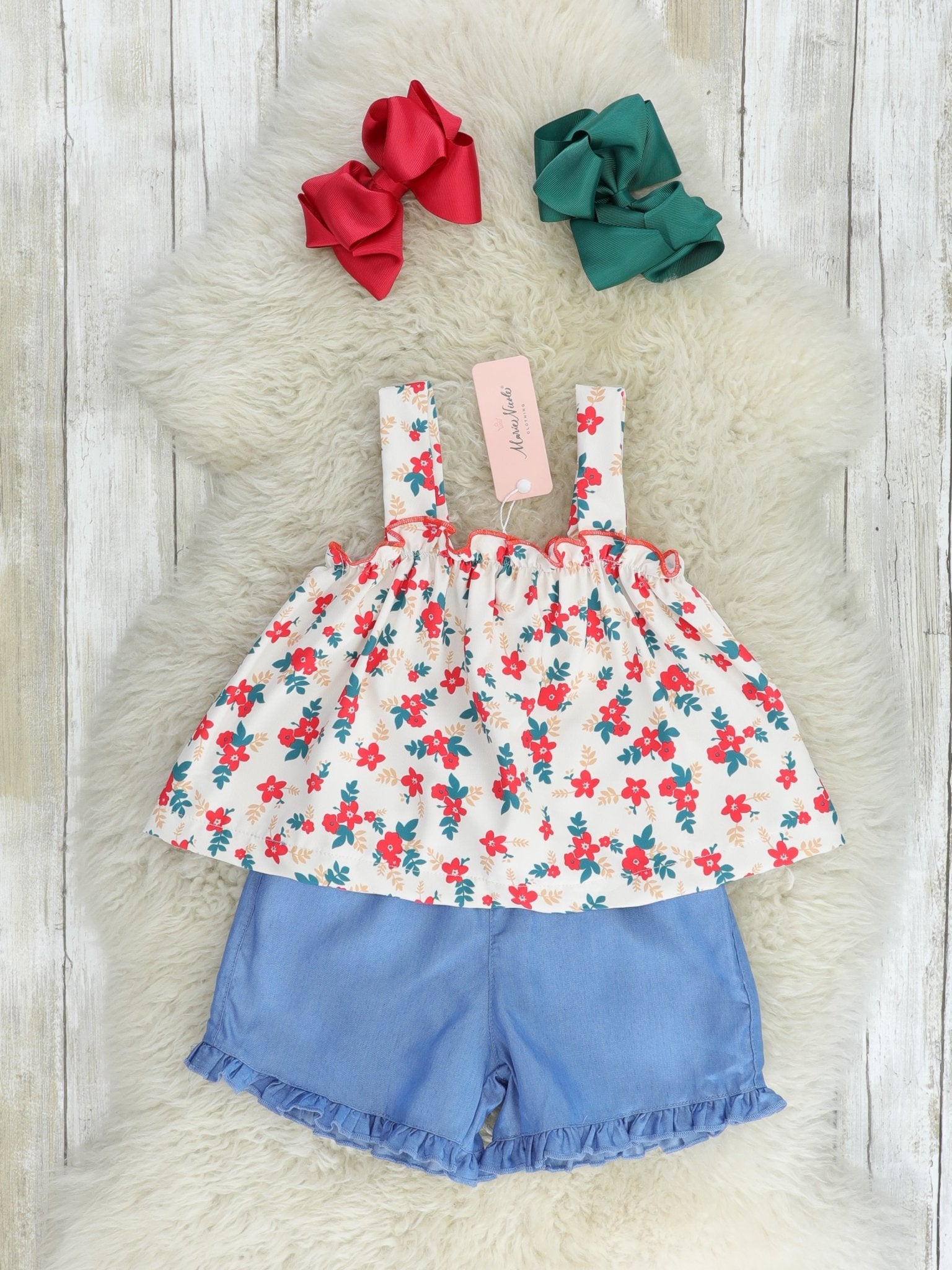 Red Floral Tank & Chambray Ruffle Shorts Outfit - Marie Nicole Clothing