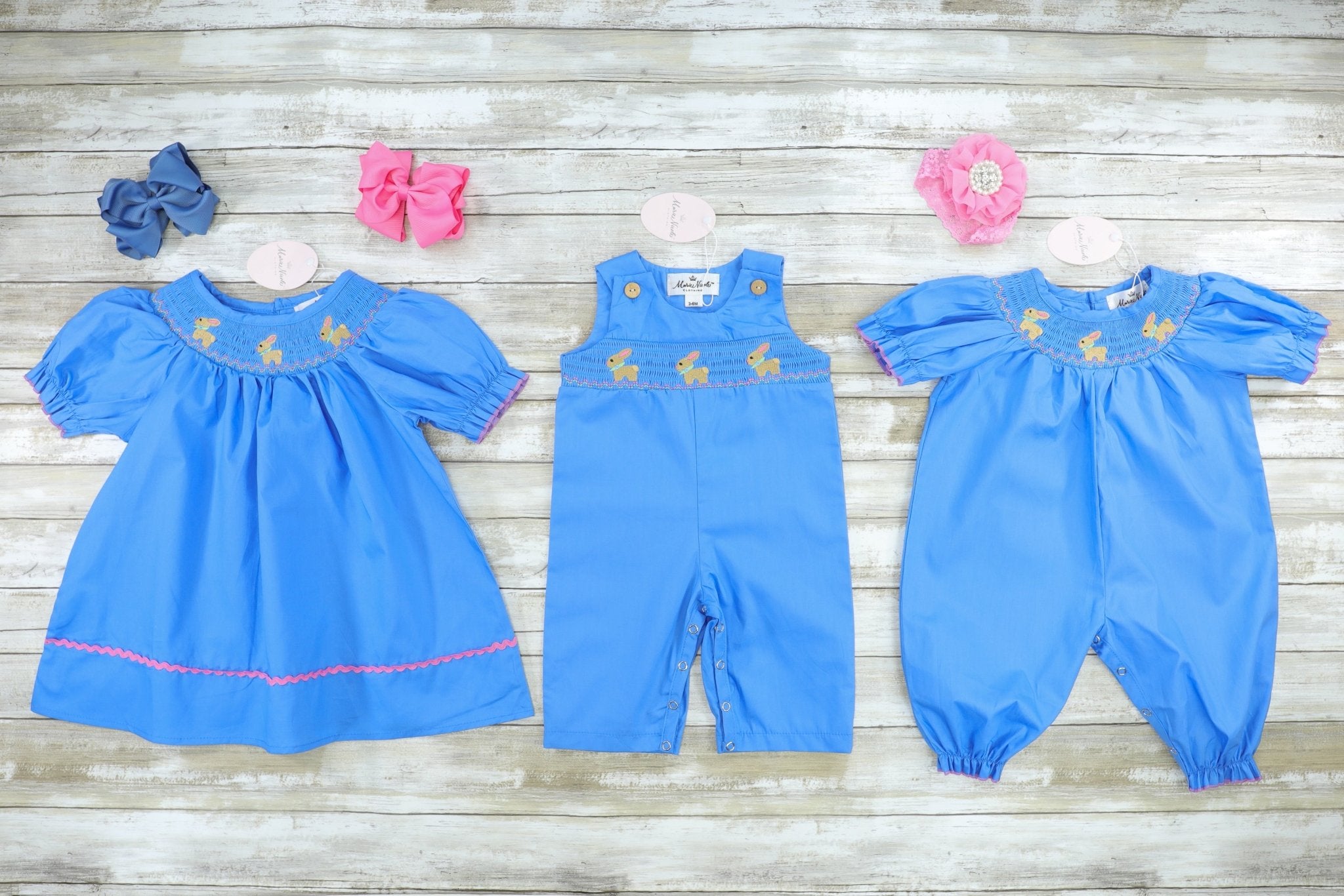 Blue Smocked Bunny Romper - Marie Nicole Clothing