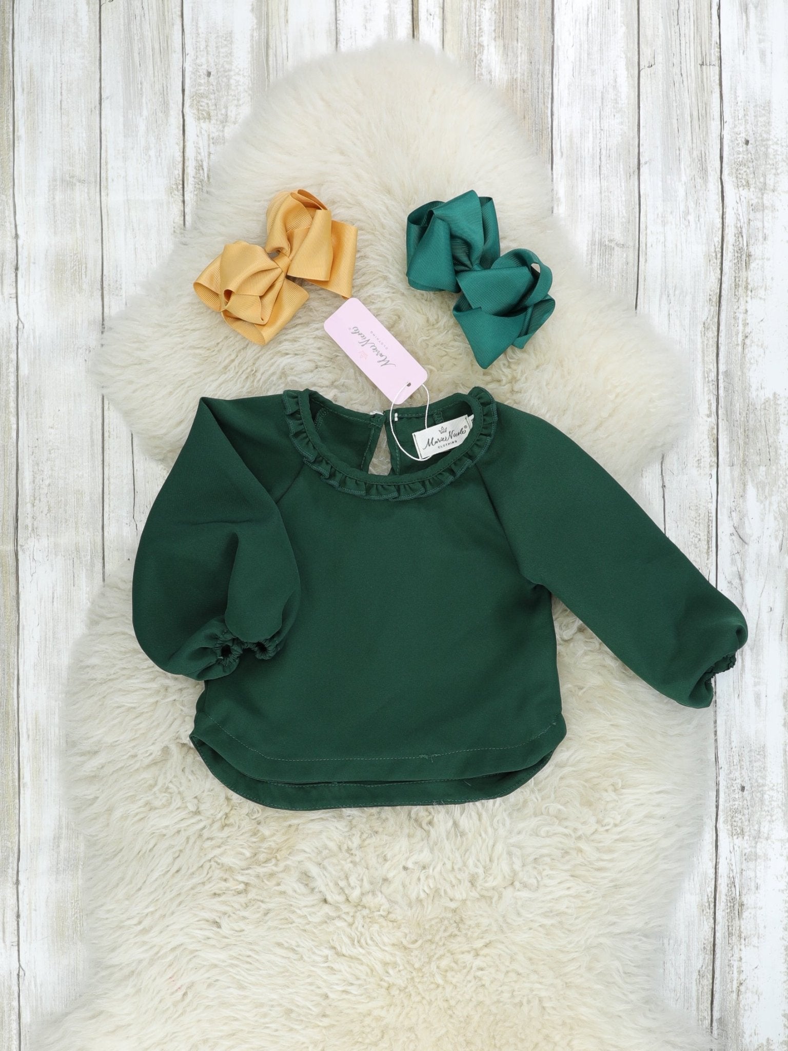 Hunter Green Puff Sleeve Ruffle Top - Marie Nicole Clothing