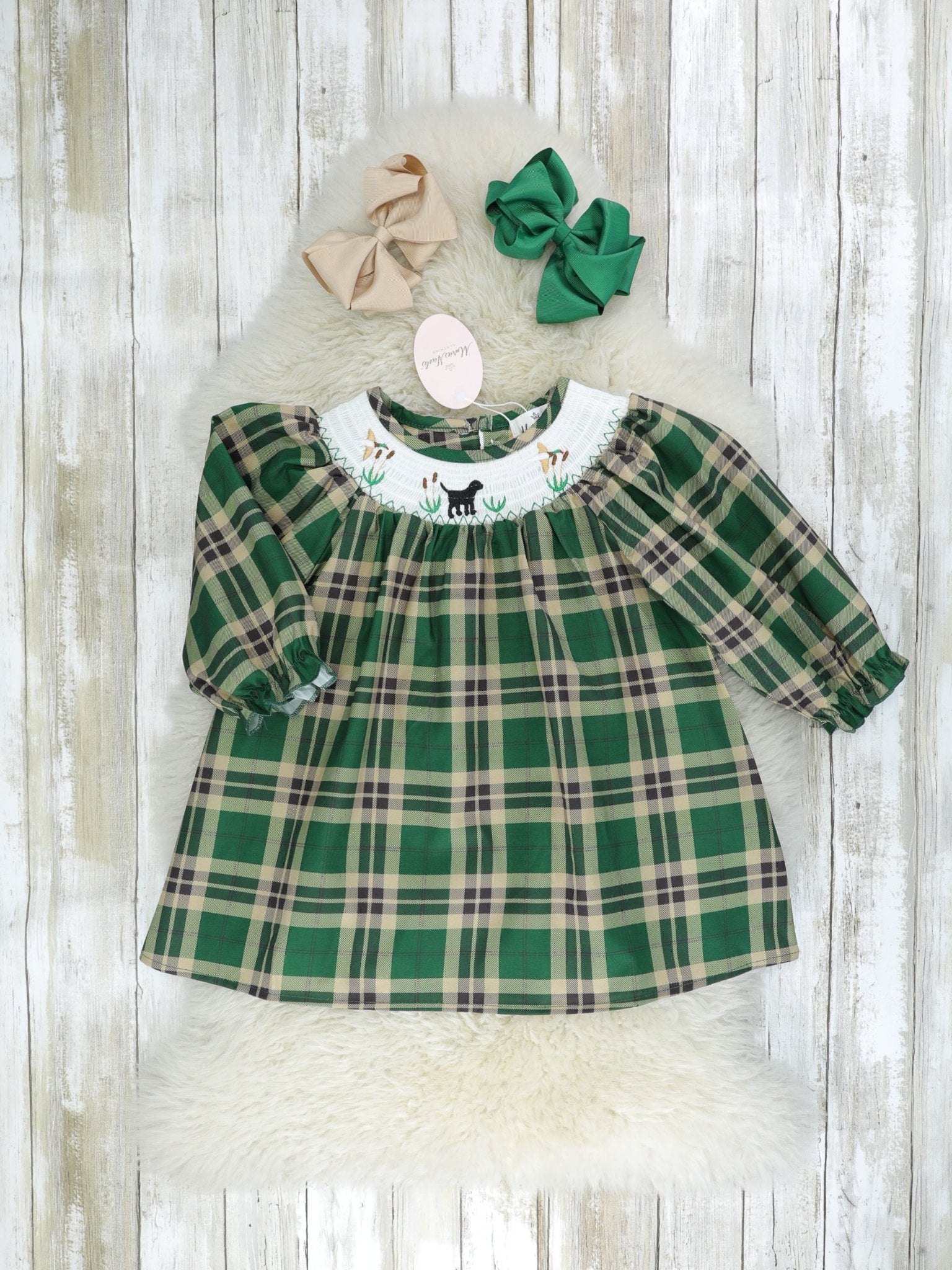 Green Smocked Plaid Dog Dress - Marie Nicole Clothing
