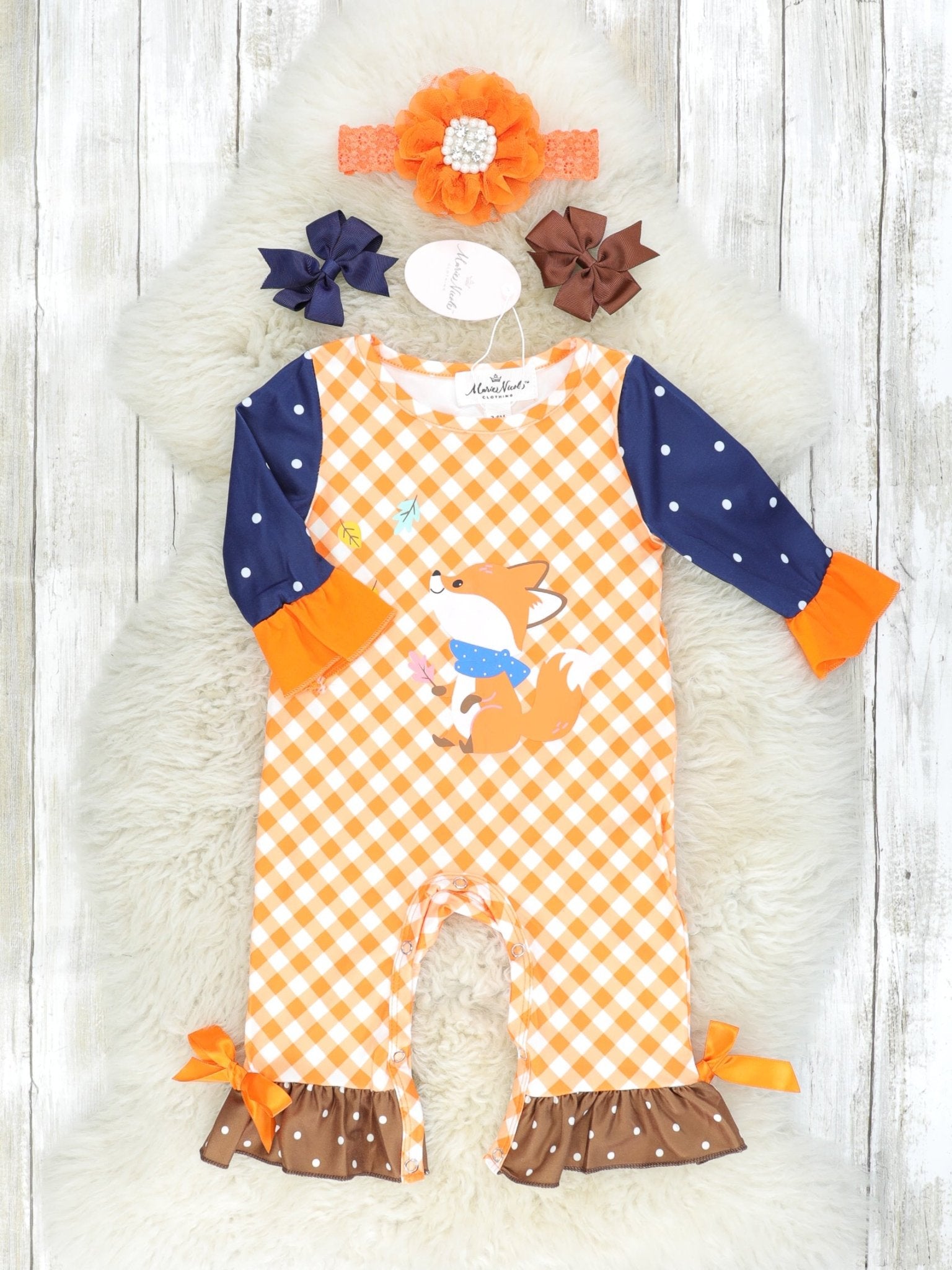 Orange Gingham & Navy Fox Ruffle Romper - Marie Nicole Clothing