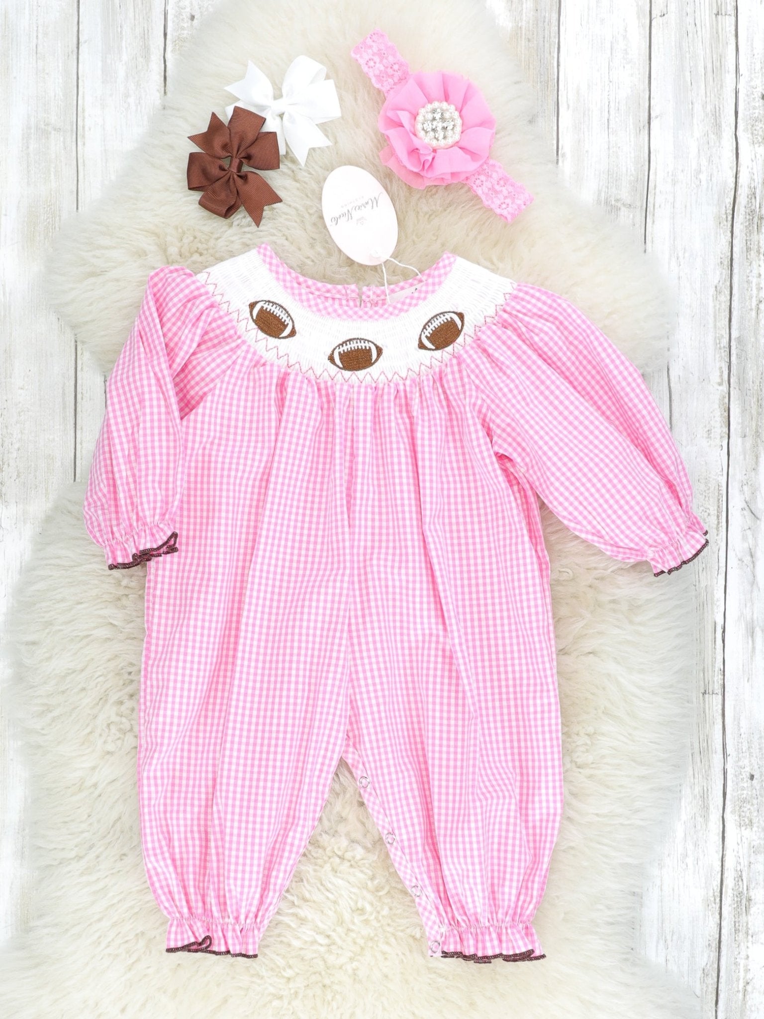 Pink Gingham Smocked Football Romper - Marie Nicole Clothing