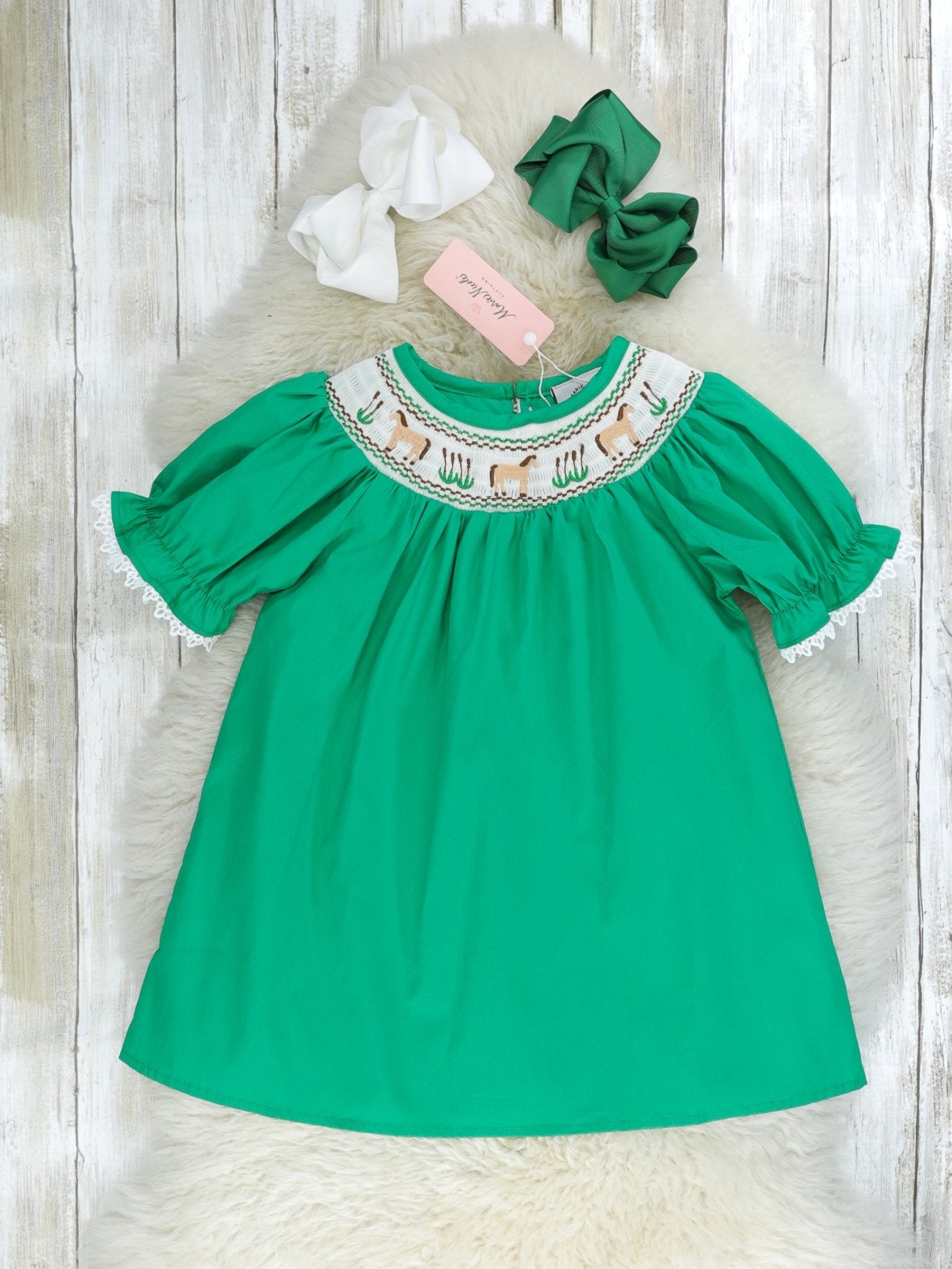 Green Smocked Horse Dress - Marie Nicole Clothing