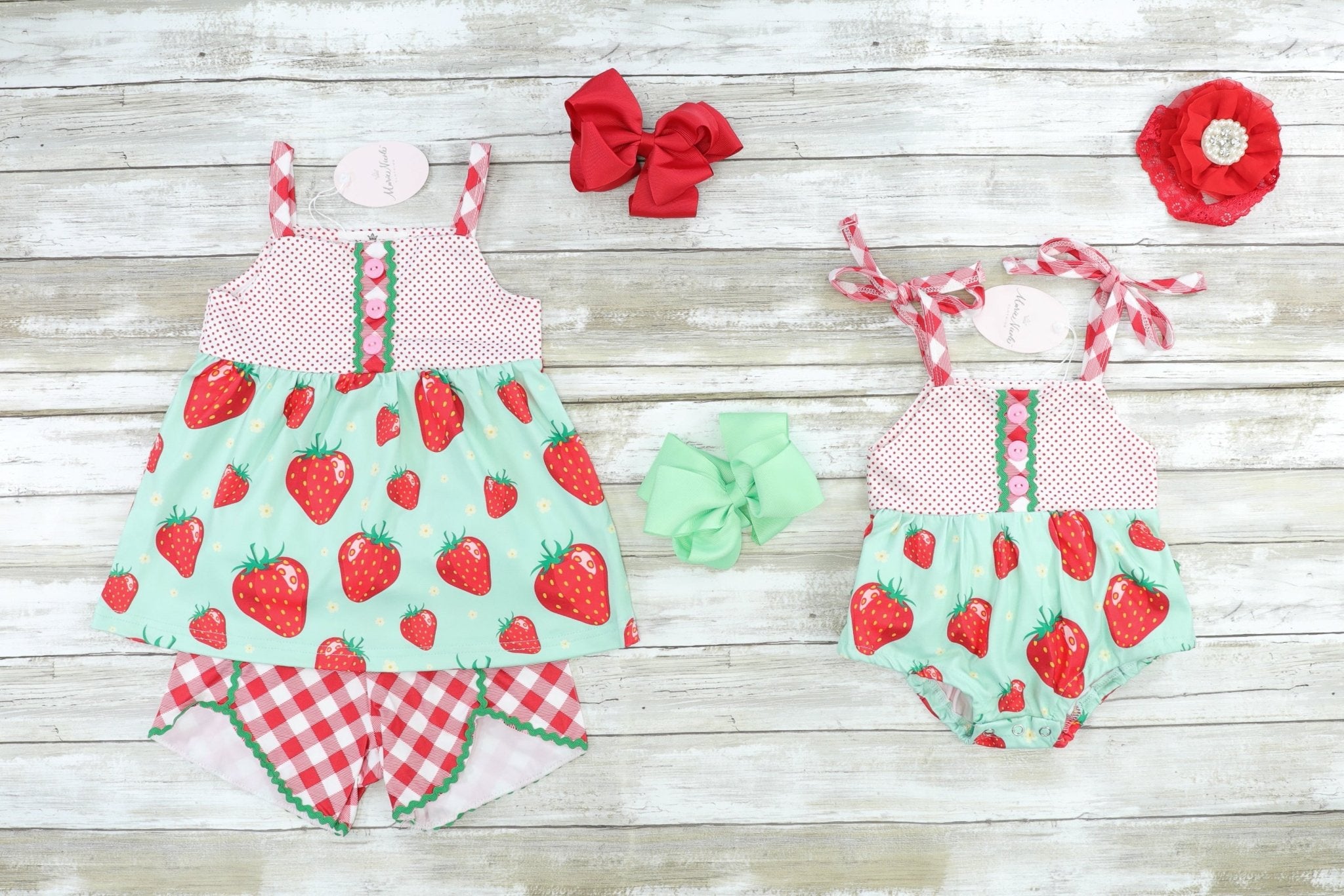 Mint Strawberry Tank & Checked Shorts Outfit - Marie Nicole Clothing