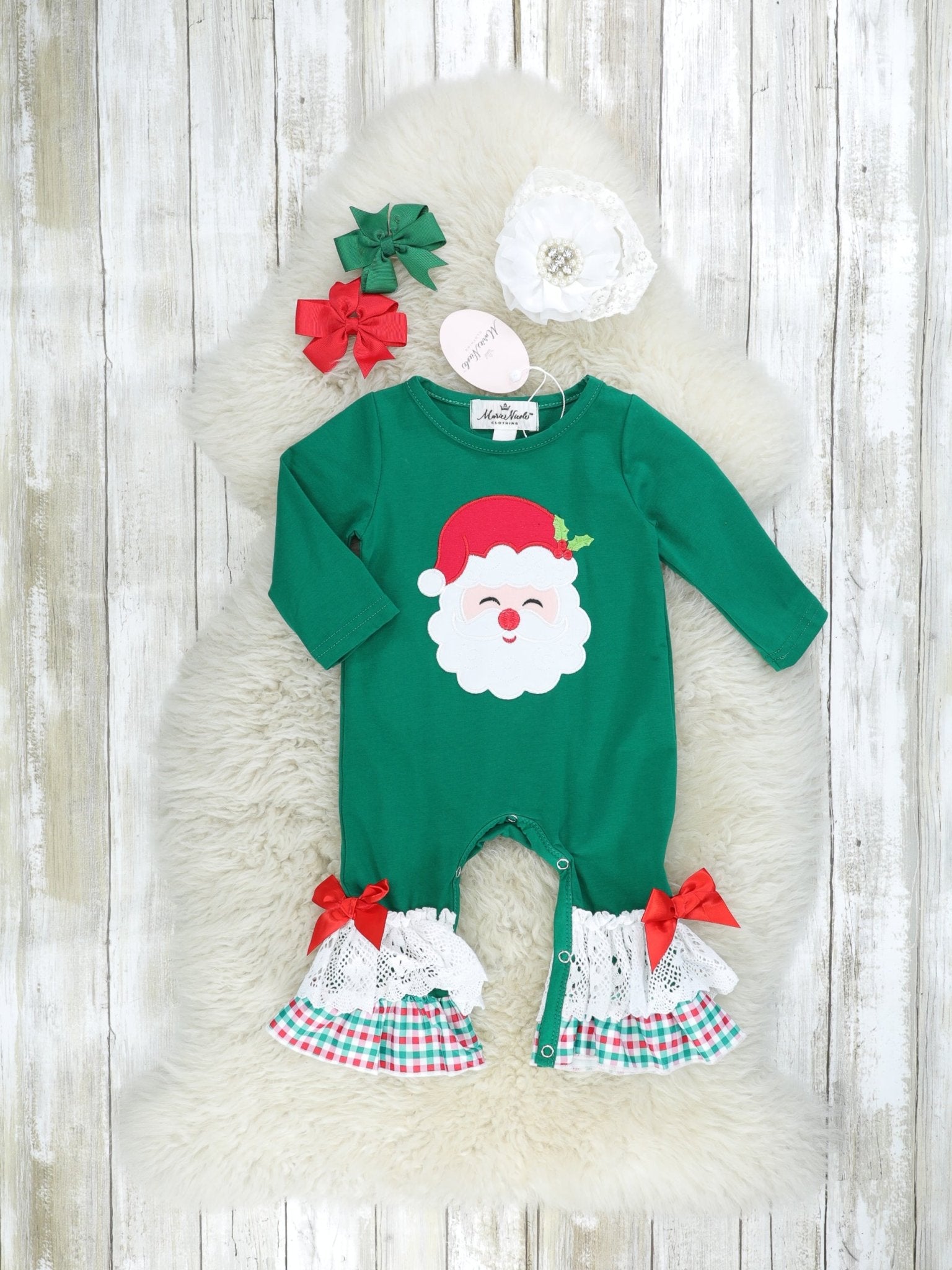 Hunter Green Santa Ruffle Romper - Marie Nicole Clothing