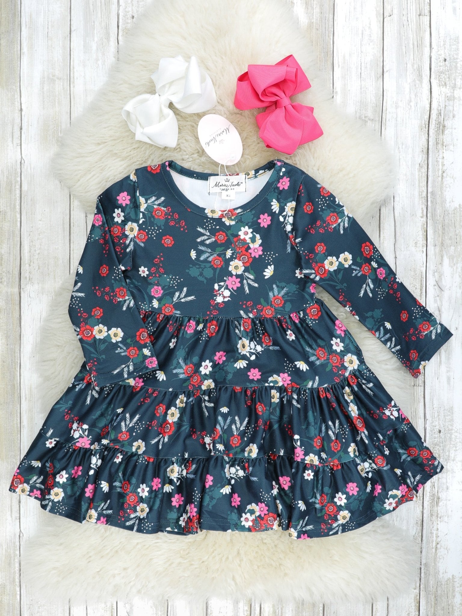 Mom & Me Deep Green Floral Tiered Dress - Marie Nicole Clothing