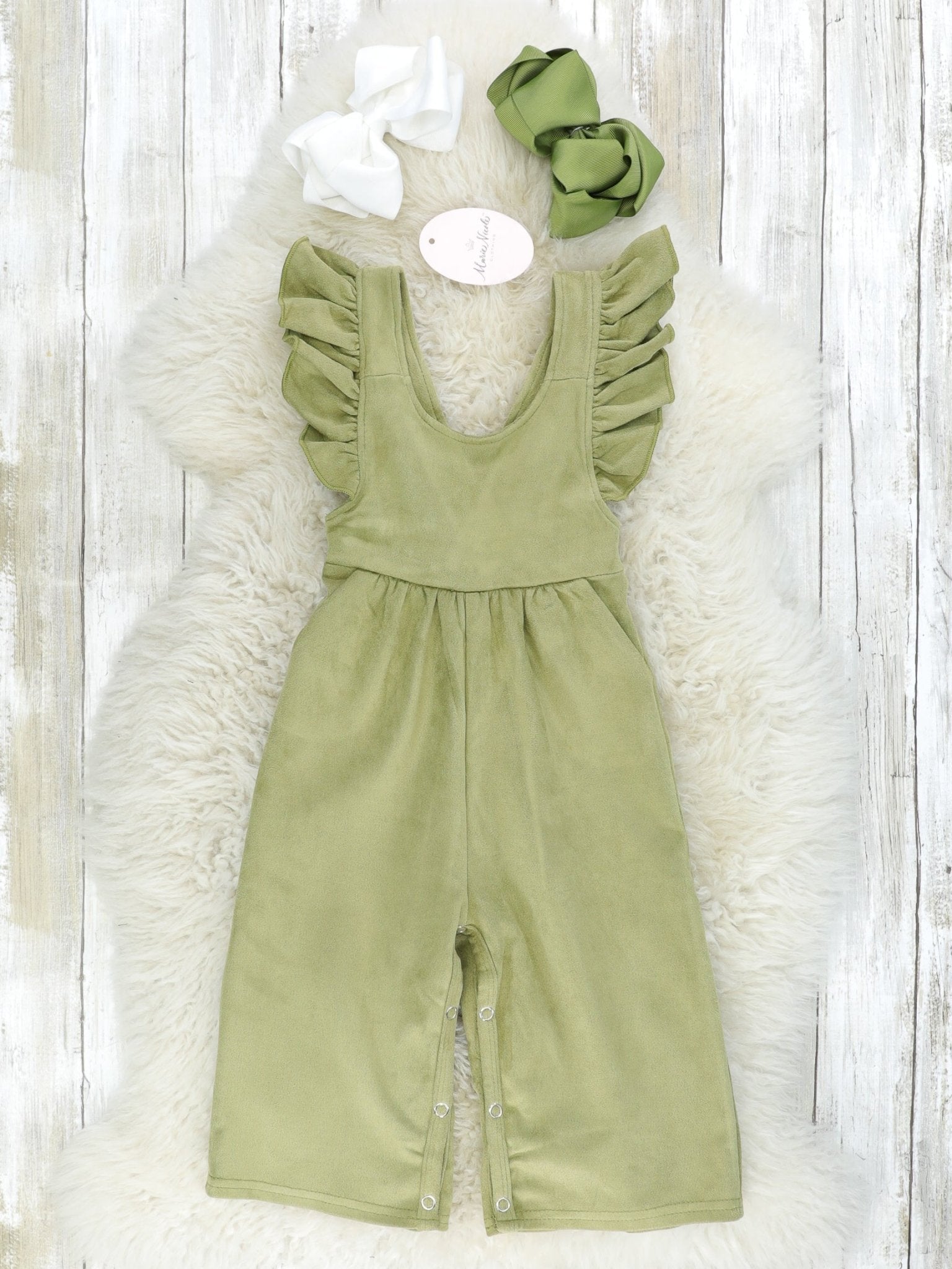 Suede Ruffle Cross Back Button Romper - Multiple Colors - Marie Nicole Clothing