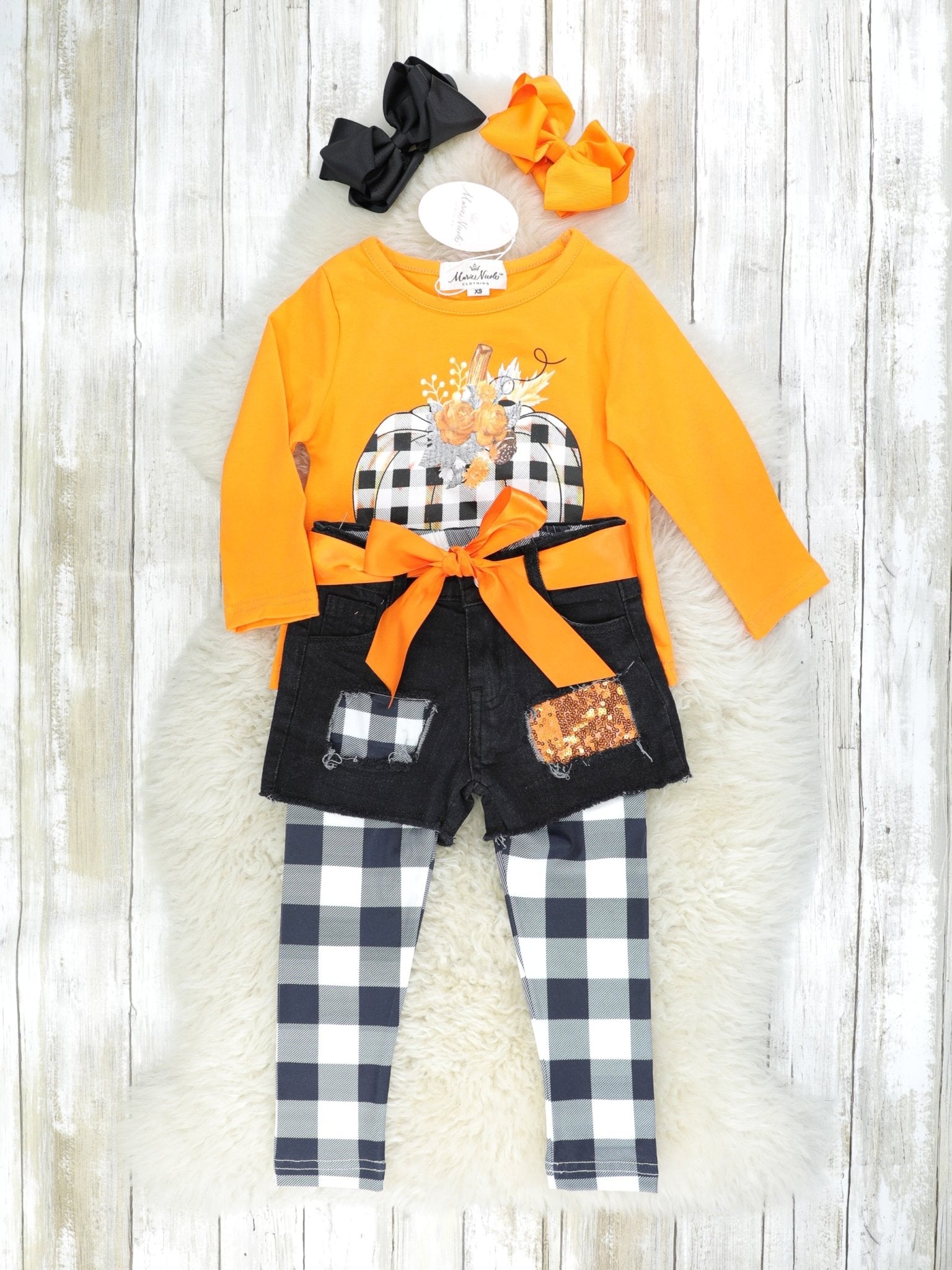 Gingham Pumpkin Top & Distressed Sequin Denim Shorts W/ Leggings - Marie Nicole Clothing