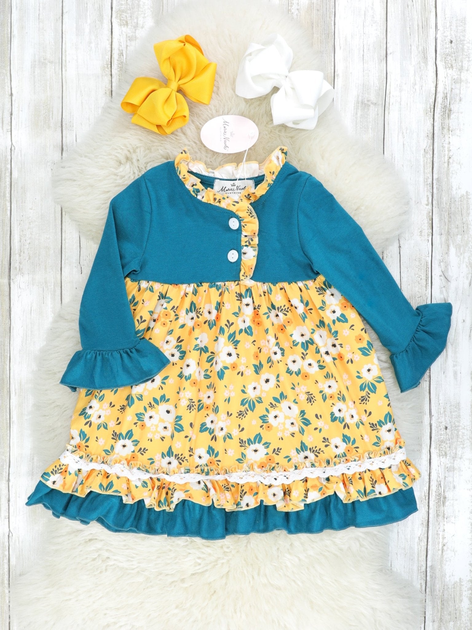 Peacock Blue Floral Ruffle Dress - Marie Nicole Clothing