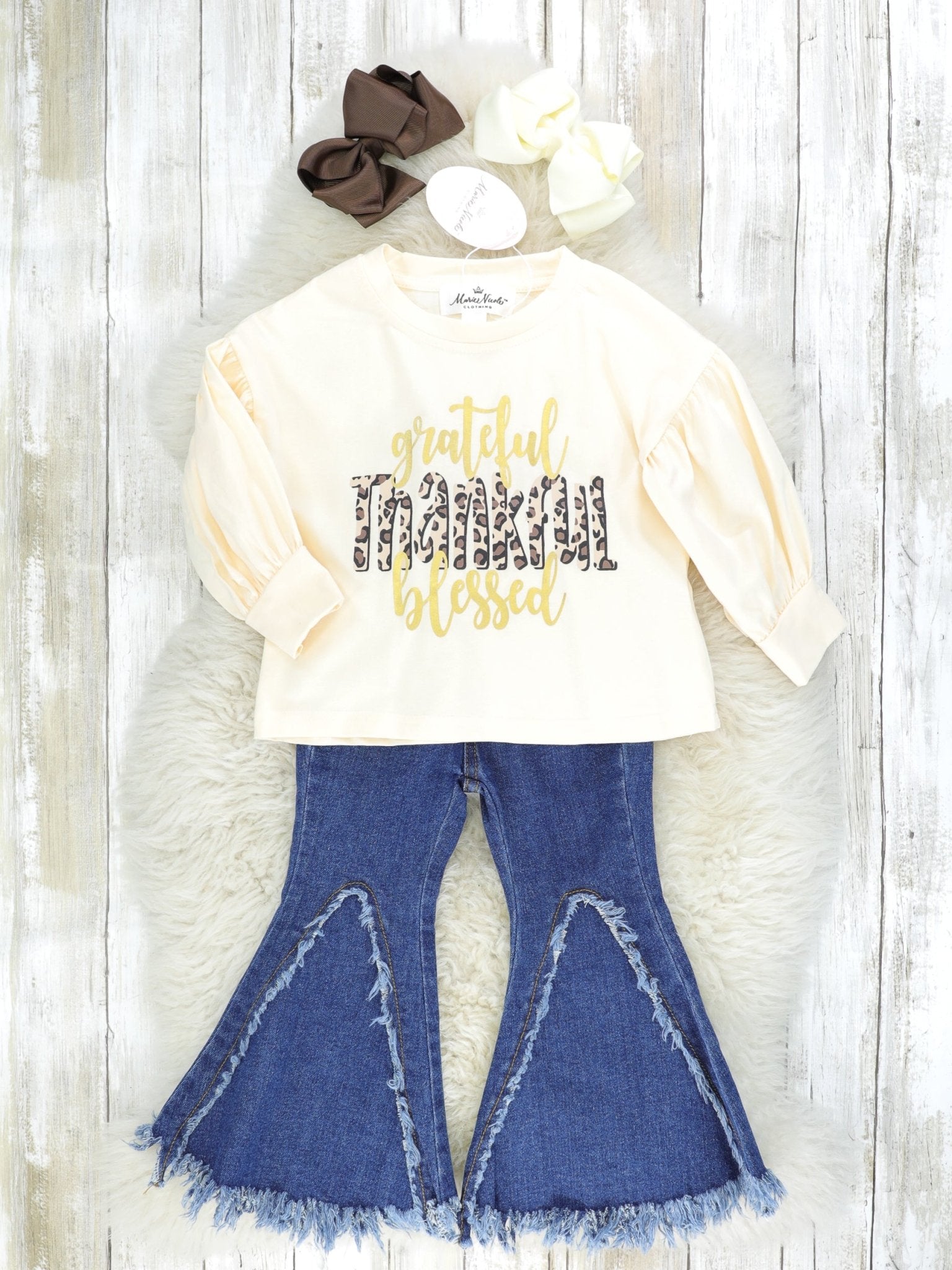 "Thankful" Leopard Top & Denim Bell Bottoms - Marie Nicole Clothing