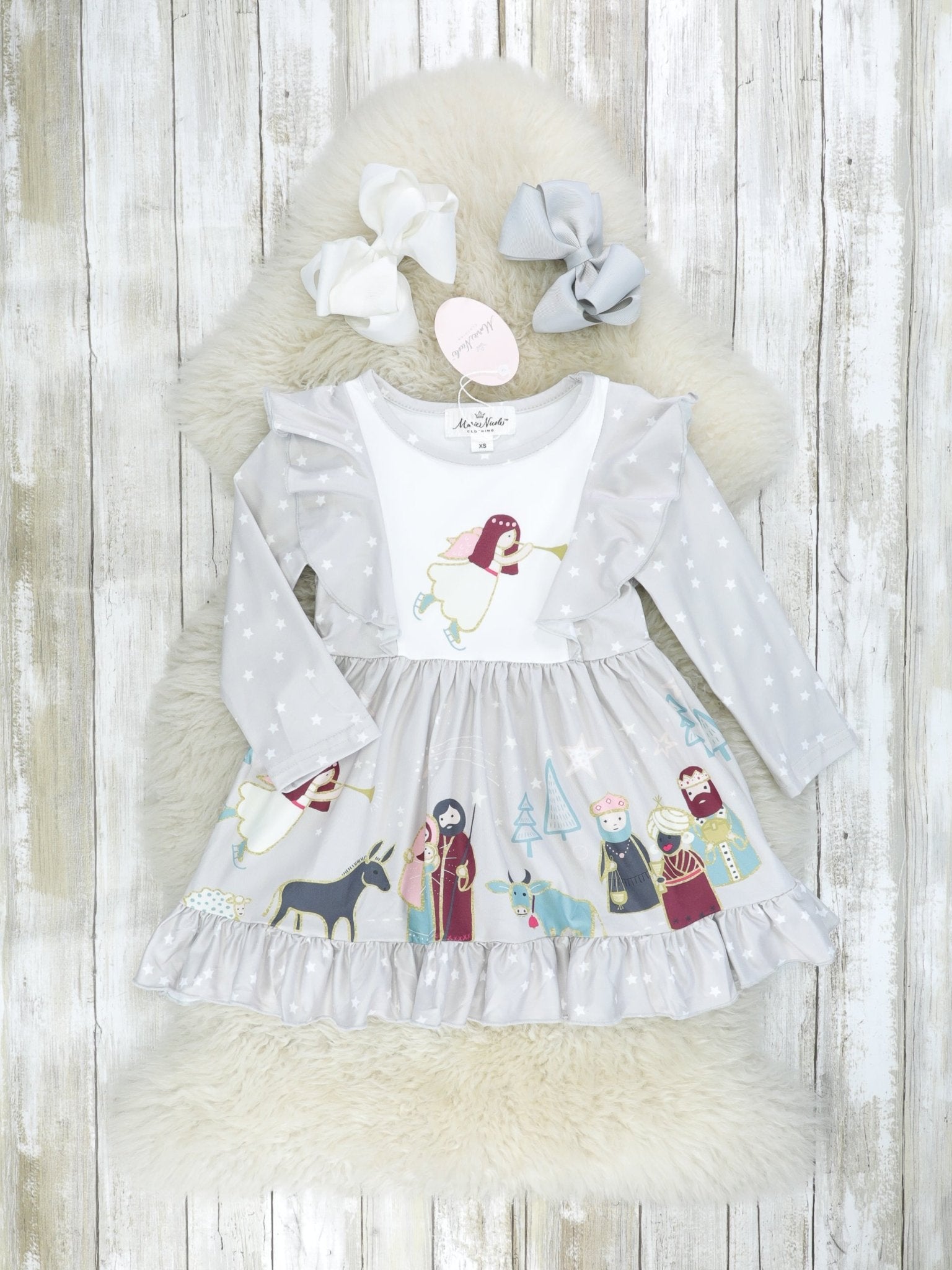 Polka Dot Nativity Ruffle Dress - Marie Nicole Clothing