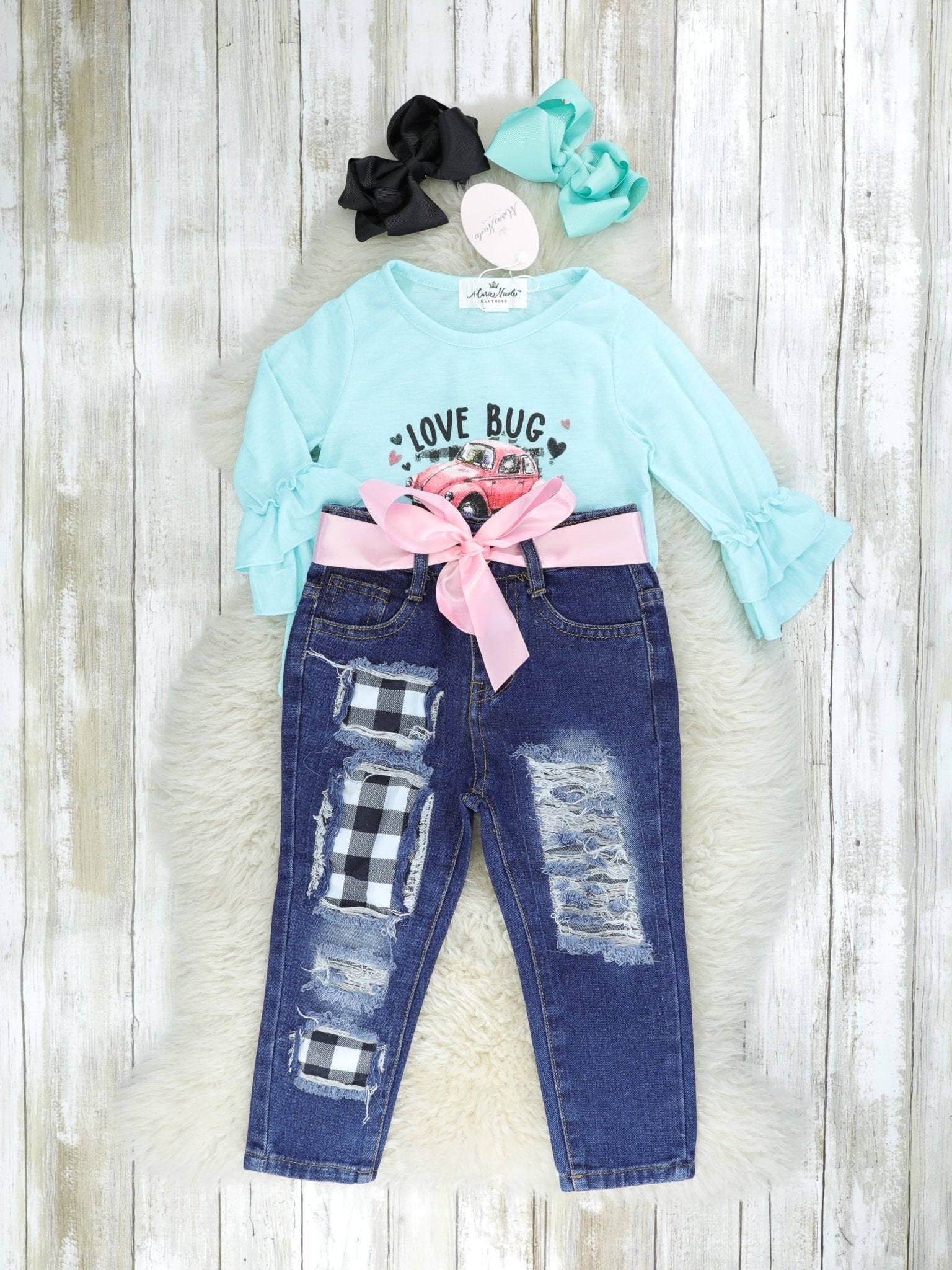 Blue "Love Bug" Gingham Denim Outfit - Marie Nicole Clothing