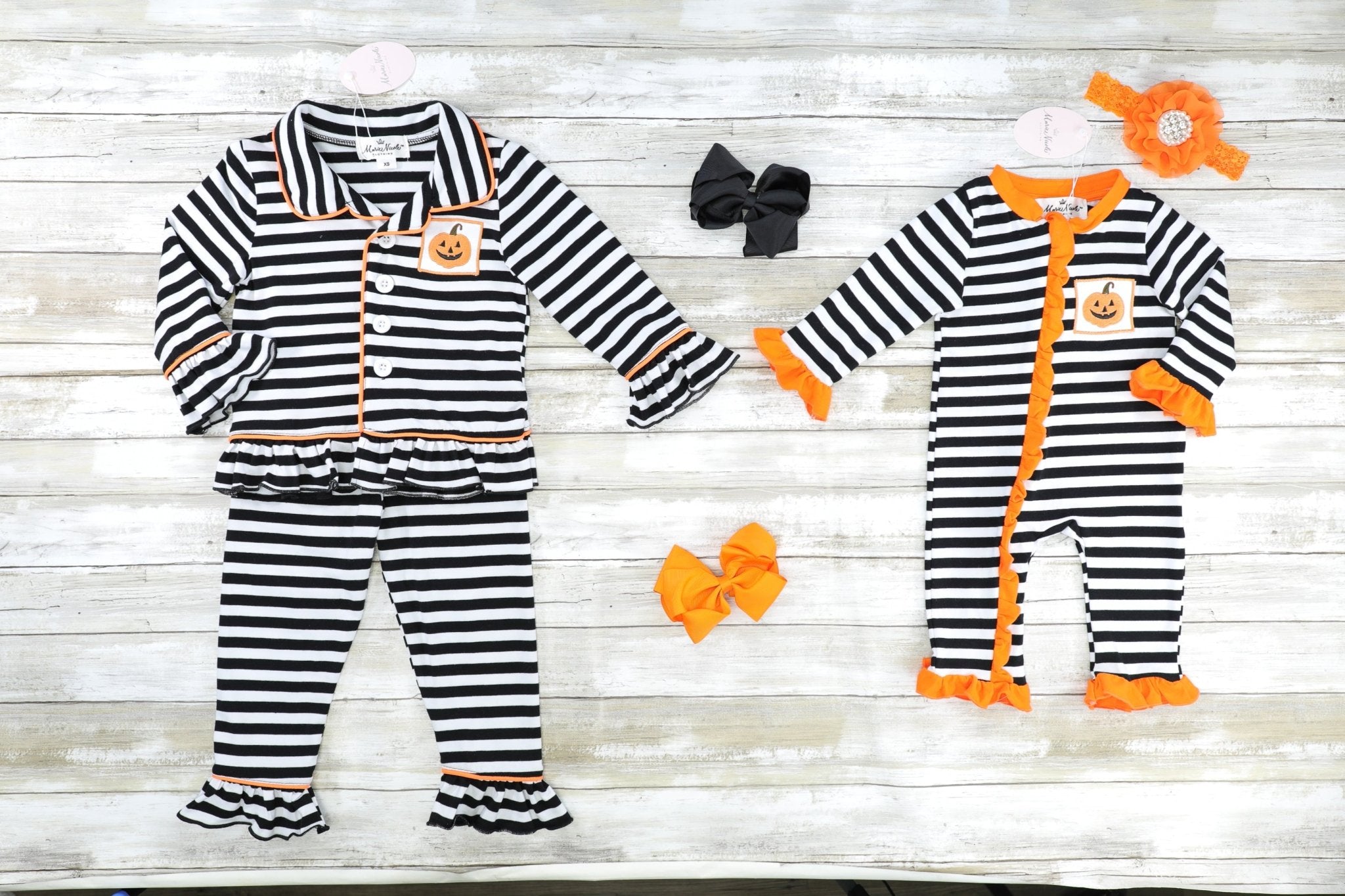 Striped Jack O Lantern Ruffle Romper Pajamas - Marie Nicole Clothing