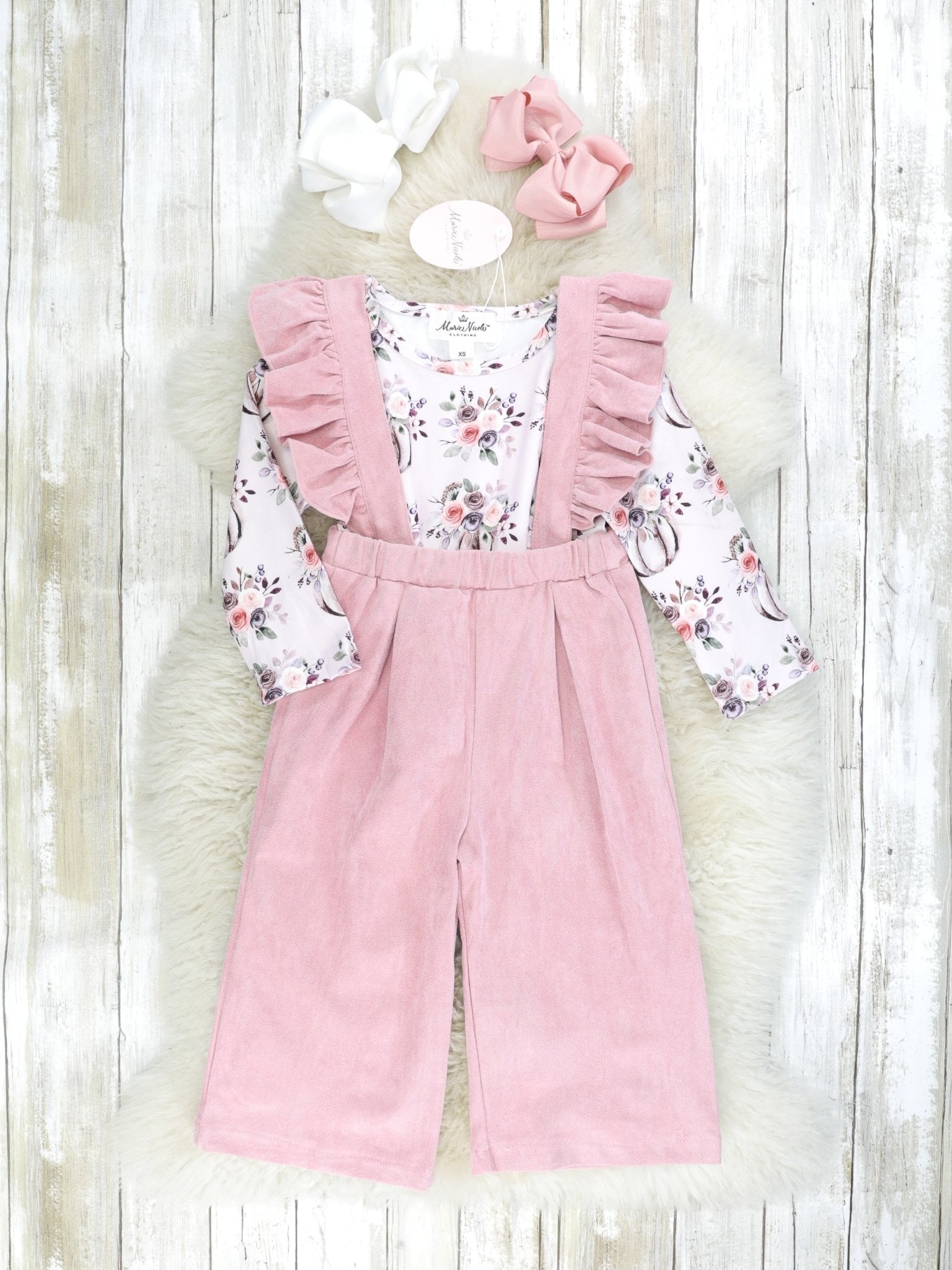 Vintage Floral Pumpkin Top & Pink Suede Ruffle Overall Set - Marie Nicole Clothing