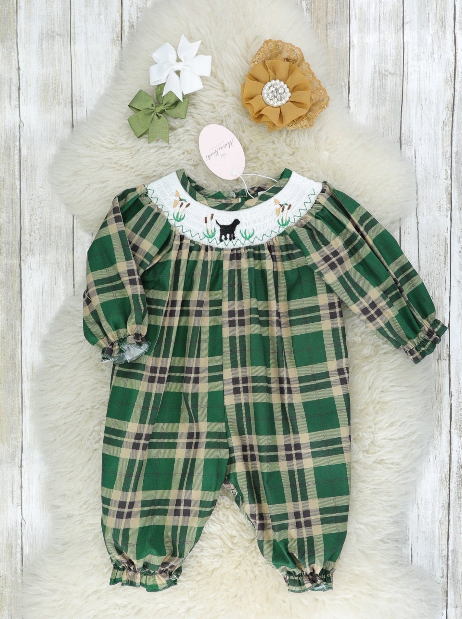 Green Smocked Plaid Dog Romper - Marie Nicole Clothing