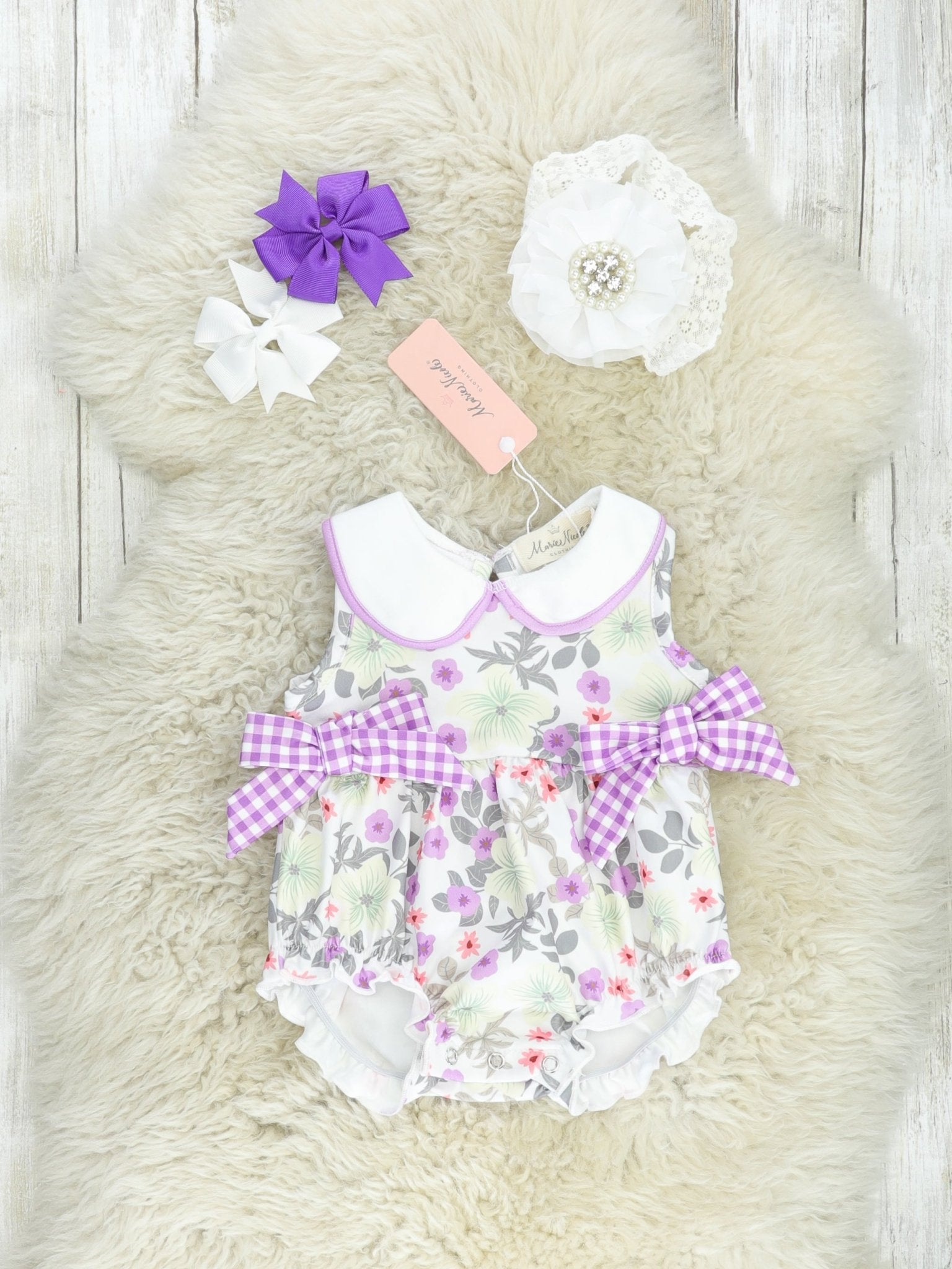 Lavender Floral Vintage Bow Bubble Romper - Marie Nicole Clothing