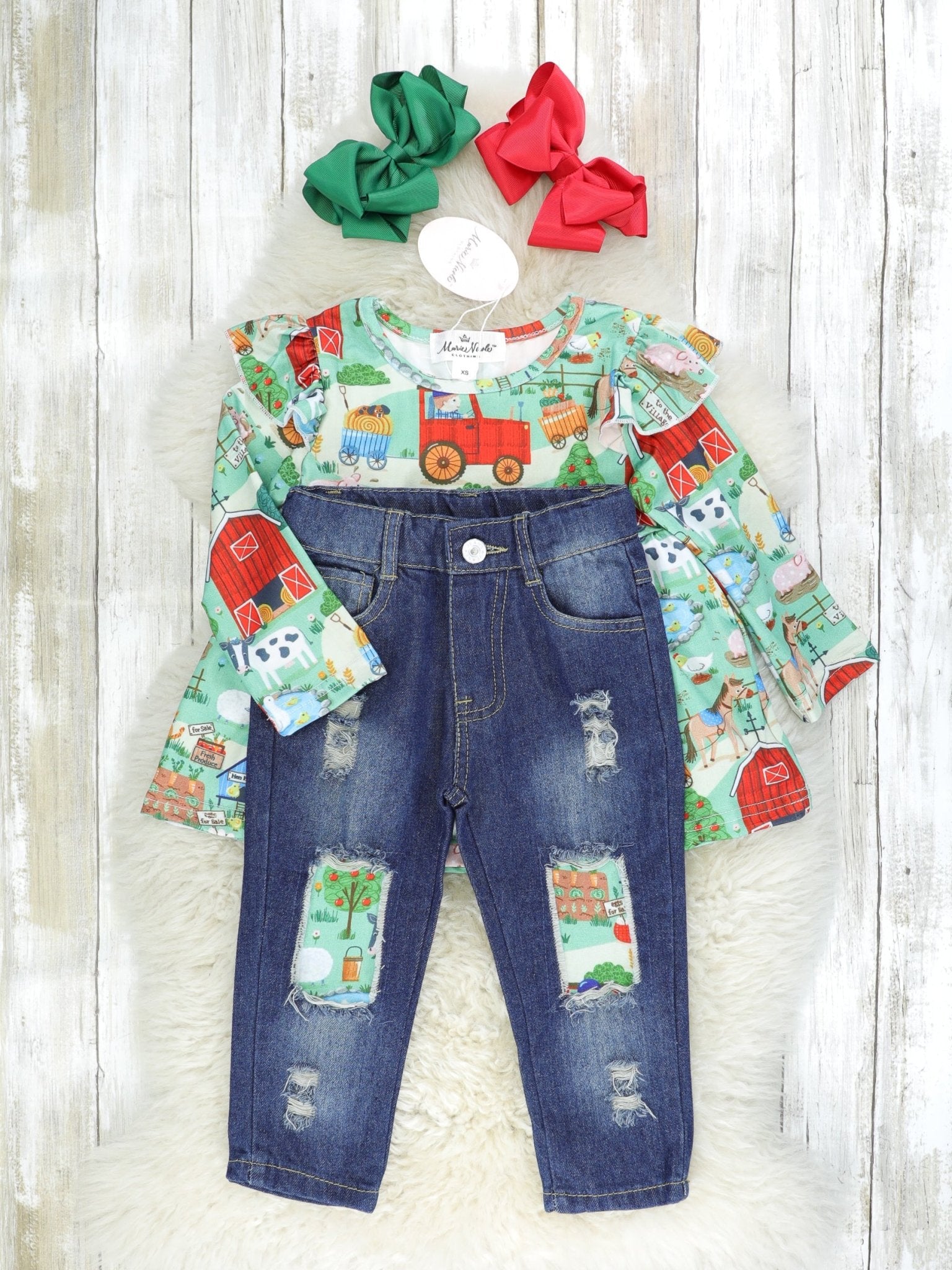 Farm Fun Ruffle Top & Distressed Denim Outfit - Marie Nicole Clothing
