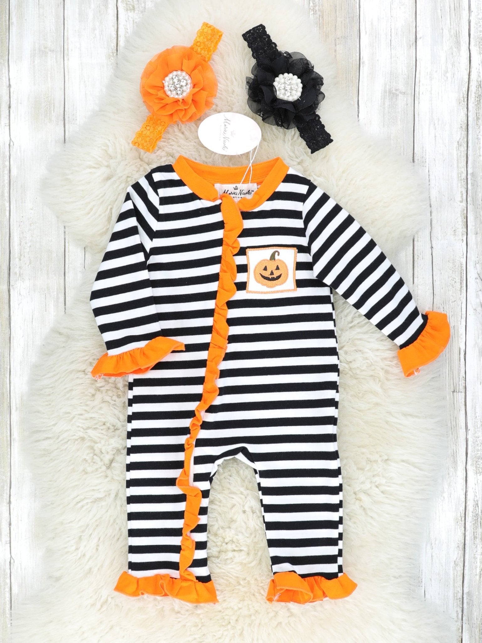 Striped Jack O Lantern Ruffle Romper Pajamas - Marie Nicole Clothing
