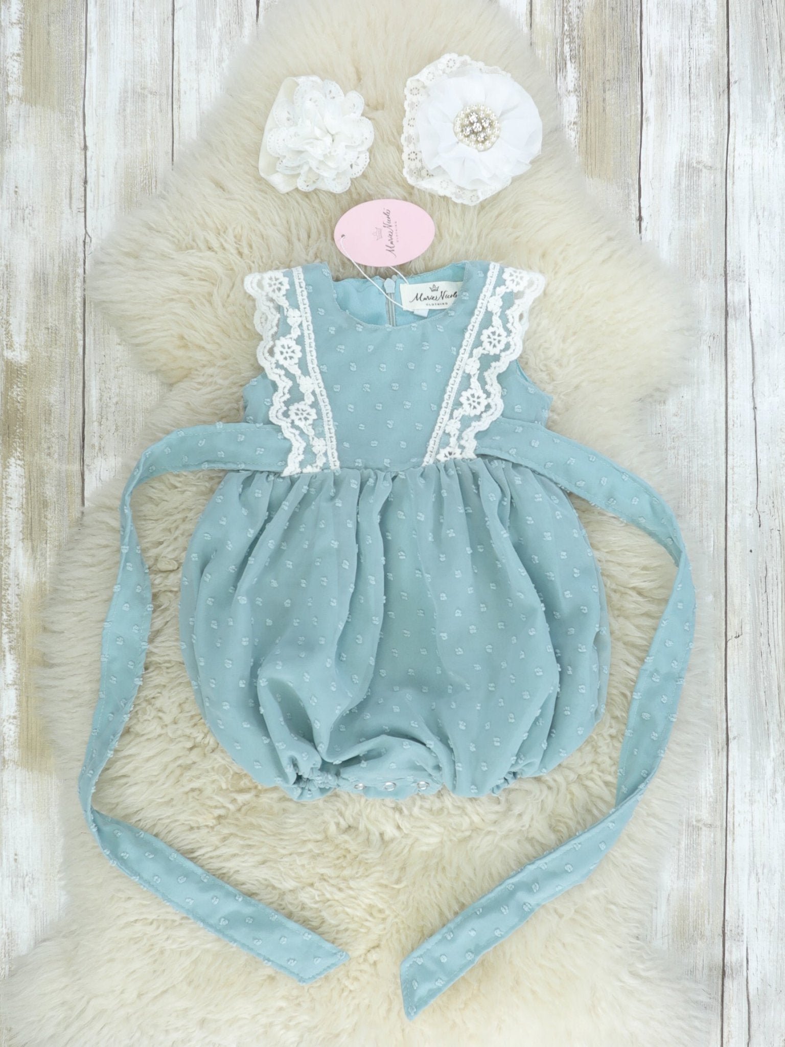 Ash Blue Lace Swiss Dot Bubble Romper - Marie Nicole Clothing