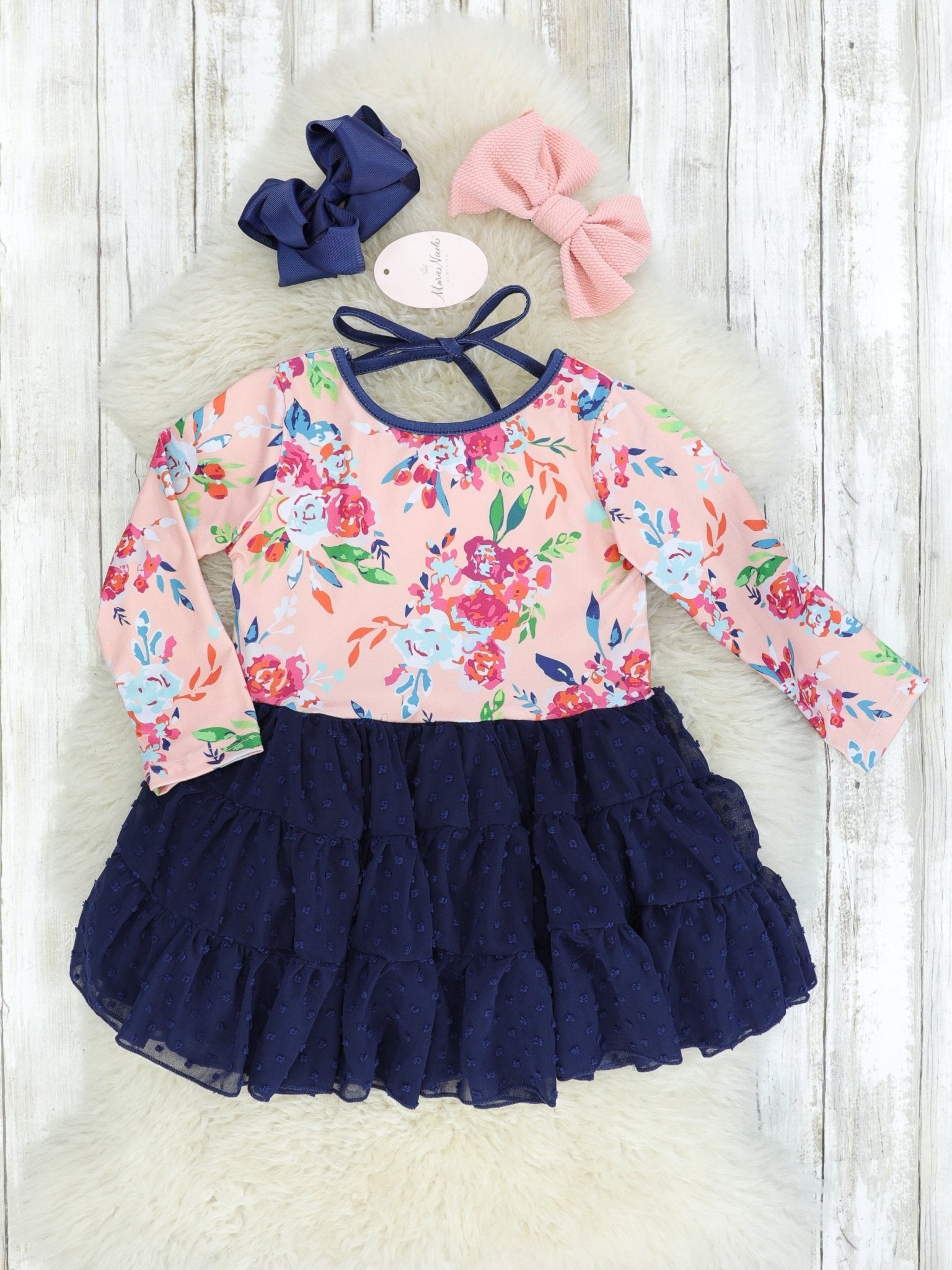 Peach Floral & Navy Swiss Dot Tiered Dress - Marie Nicole Clothing