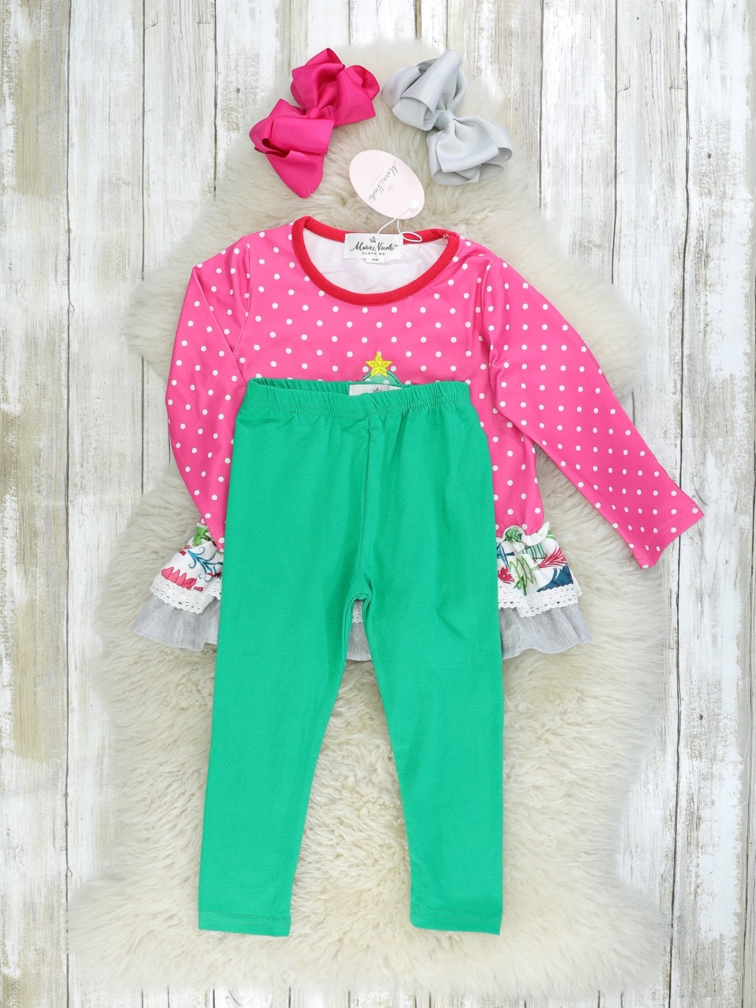 Pink Polka Dot Christmas Tree Ruffle Outfit - Marie Nicole Clothing