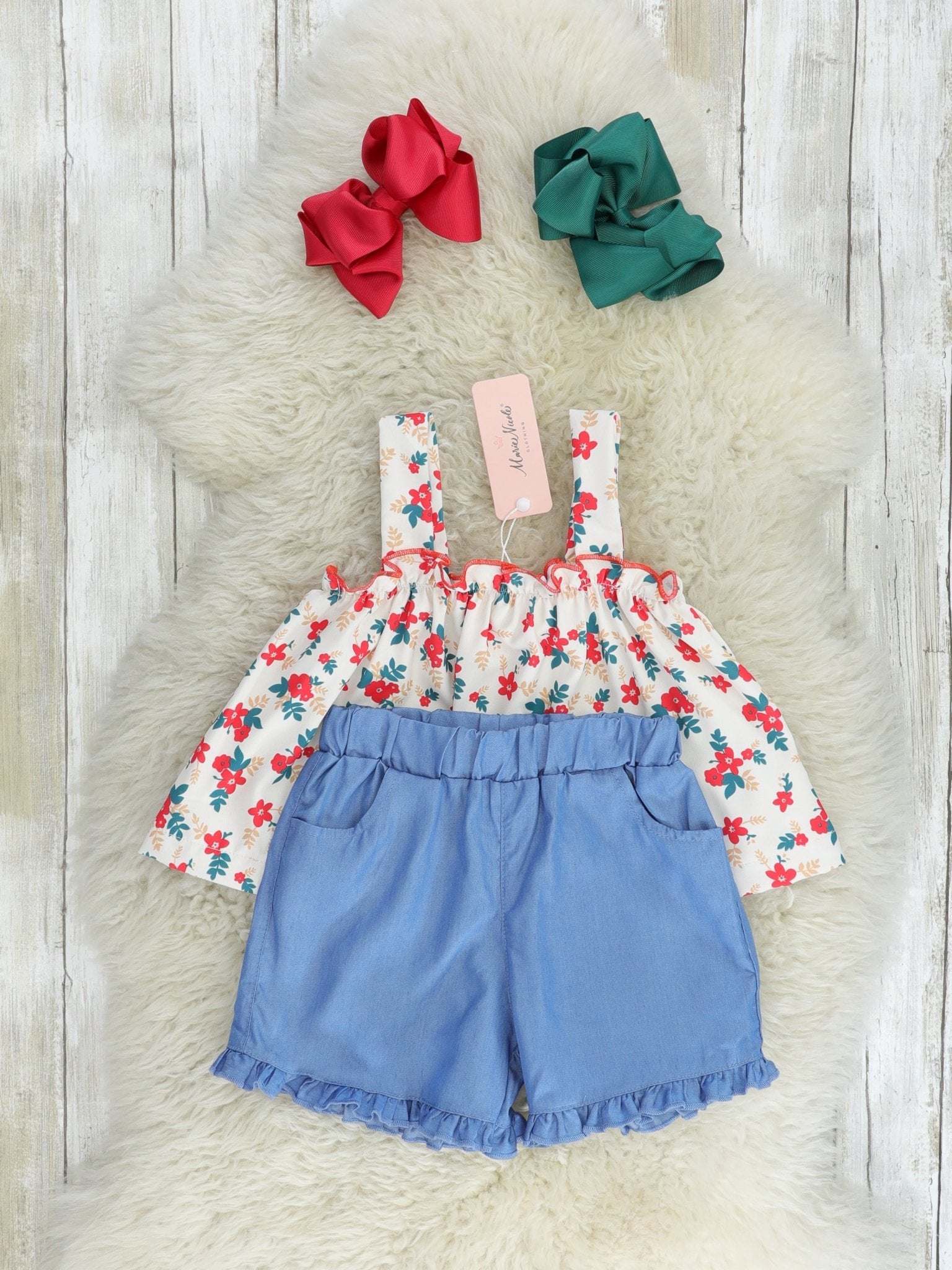 Red Floral Tank & Chambray Ruffle Shorts Outfit - Marie Nicole Clothing