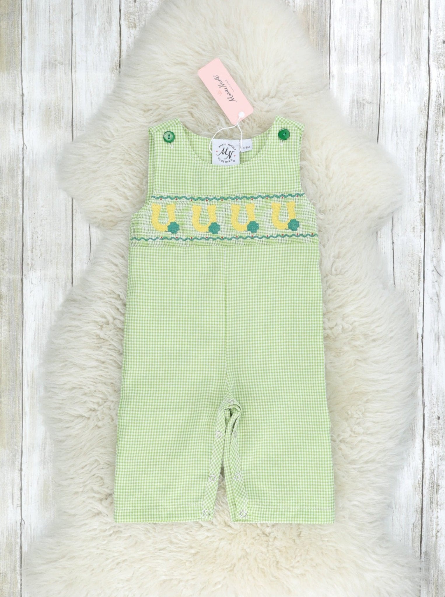 Green Smocked Horse Shoe Johnny - Marie Nicole Clothing