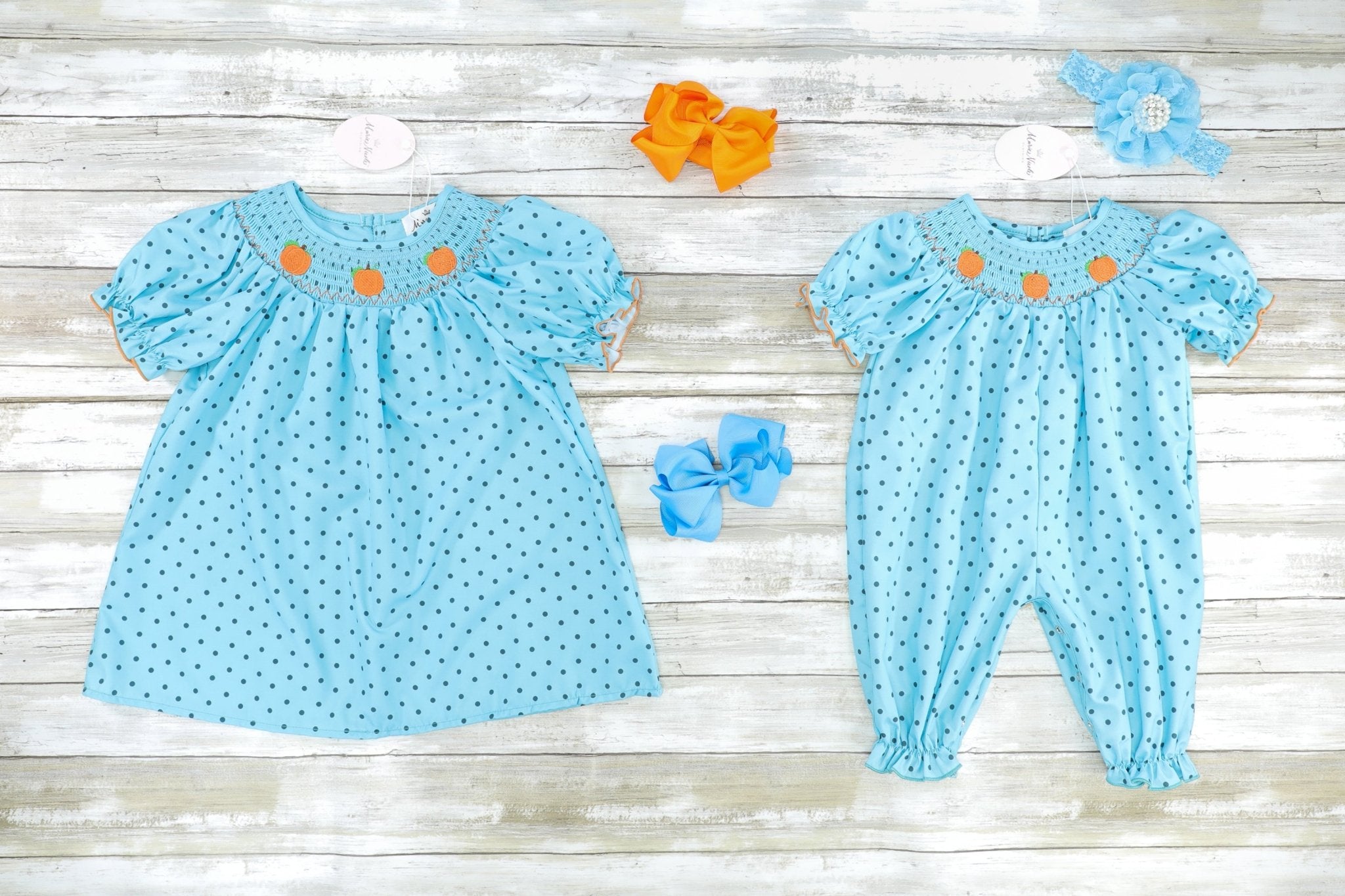 Blue Polka Dotted Smocked Pumpkin Romper - Marie Nicole Clothing