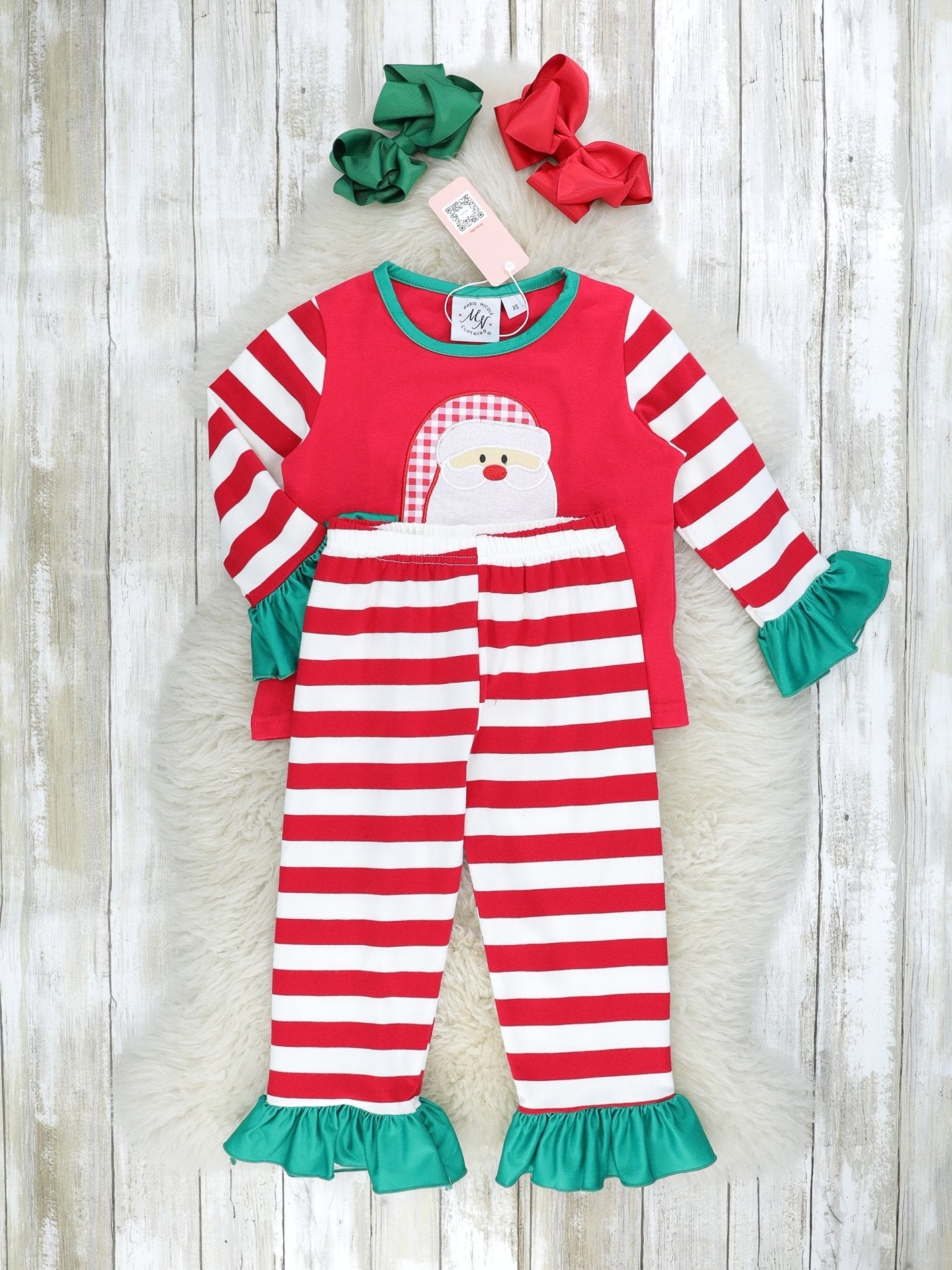 Red Striped Santa Raglan Ruffle Pajamas - Marie Nicole Clothing