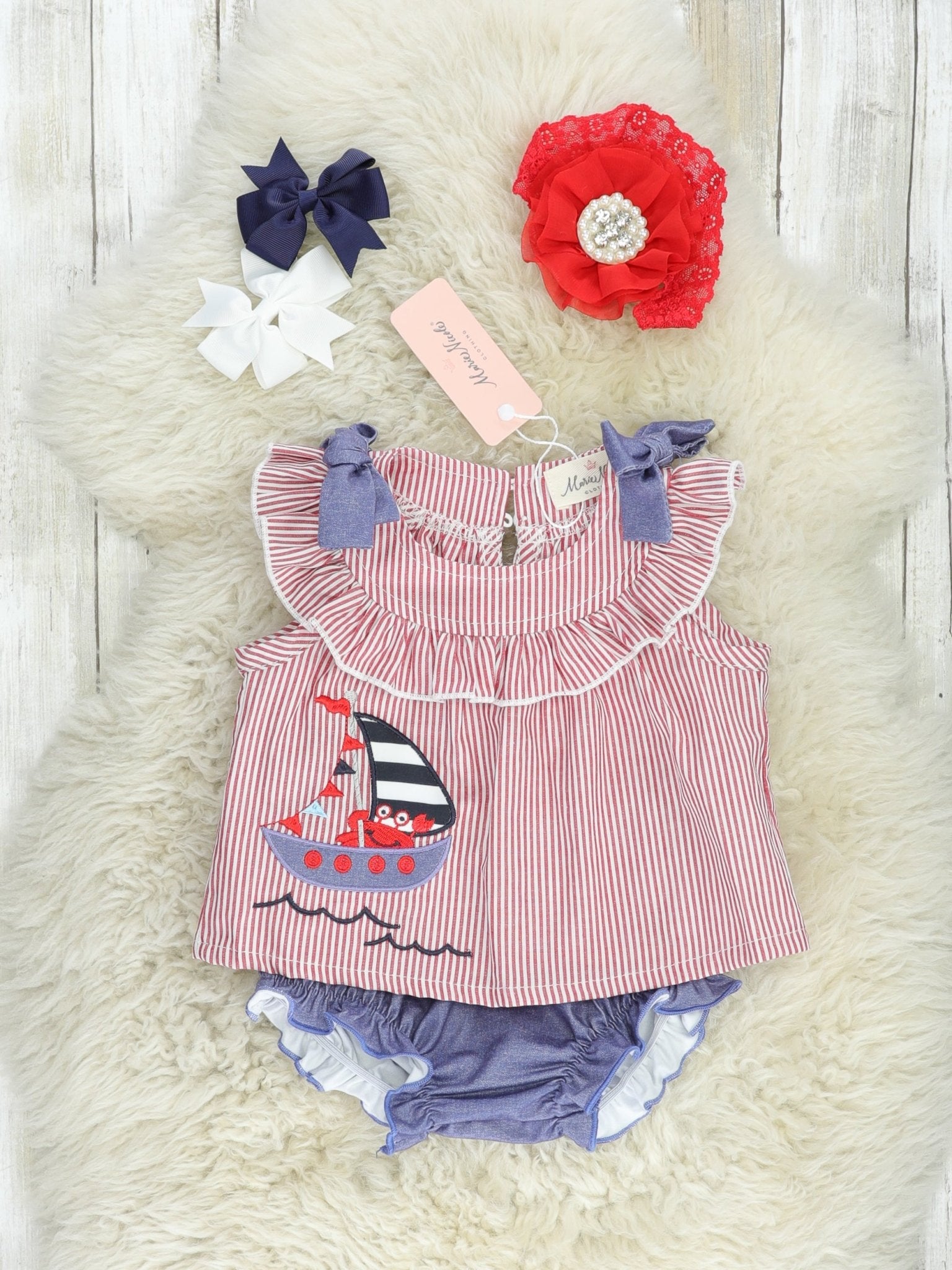 Red Pinstriped Sailboat Bloomers Outfit - Marie Nicole Clothing