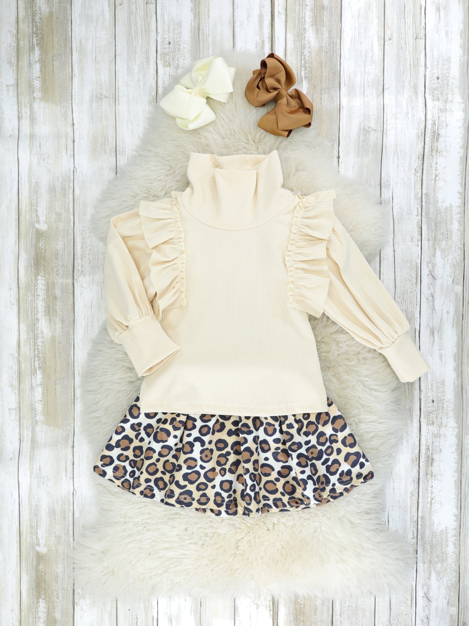 Cream Turtle Neck & Leopard Skirt Outfit - Marie Nicole Clothing