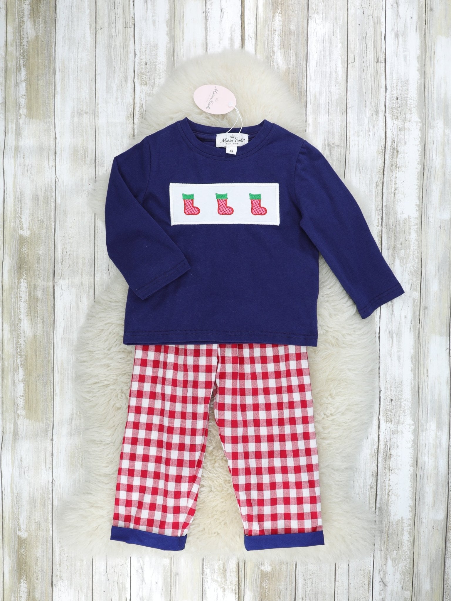 Navy Stocking & Red Gingham Smocked Outfit - Marie Nicole Clothing