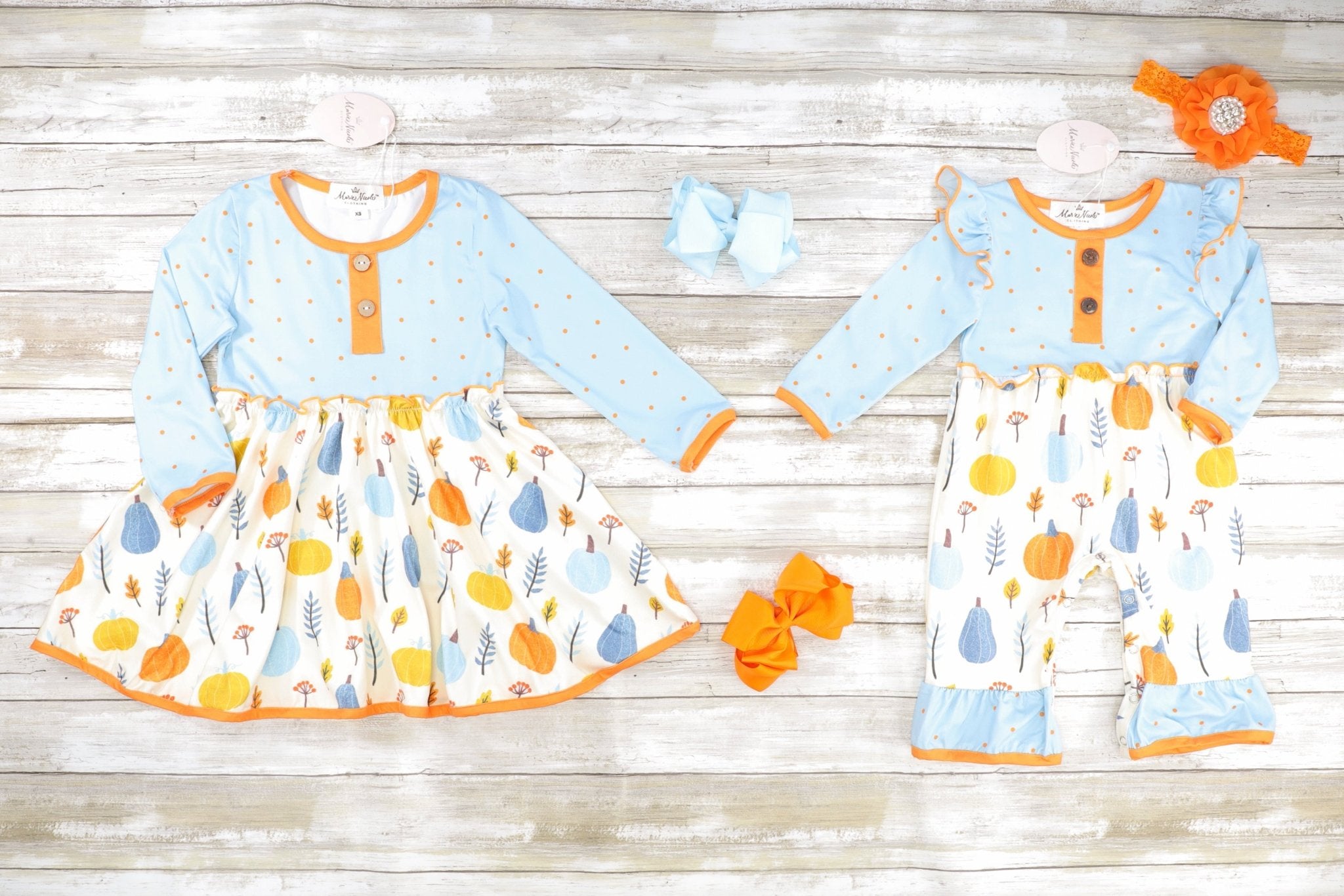 Blue & Orange Polka Dot Pumpkin Ruffle Romper - Marie Nicole Clothing
