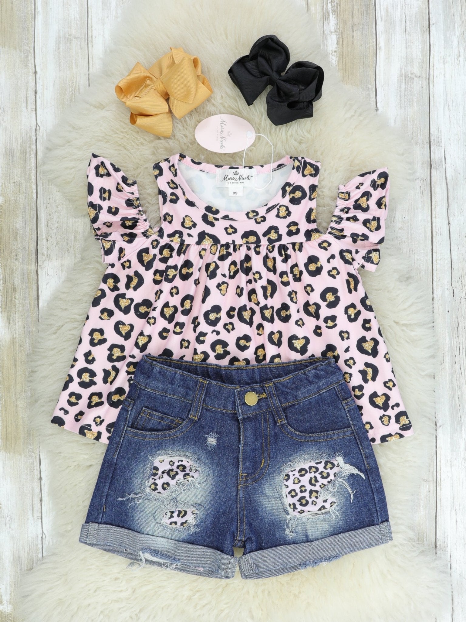 Pink Leopard Cold Shoulder Top & Denim Shorts Outfit - Marie Nicole Clothing