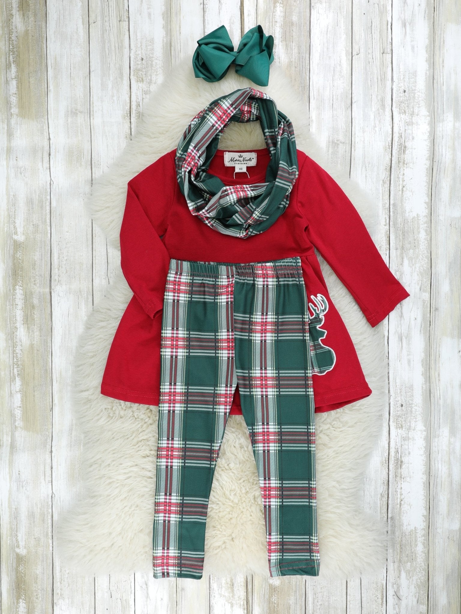 Hunter Green Plaid Reindeer 3 - Piece Outfit - Marie Nicole Clothing