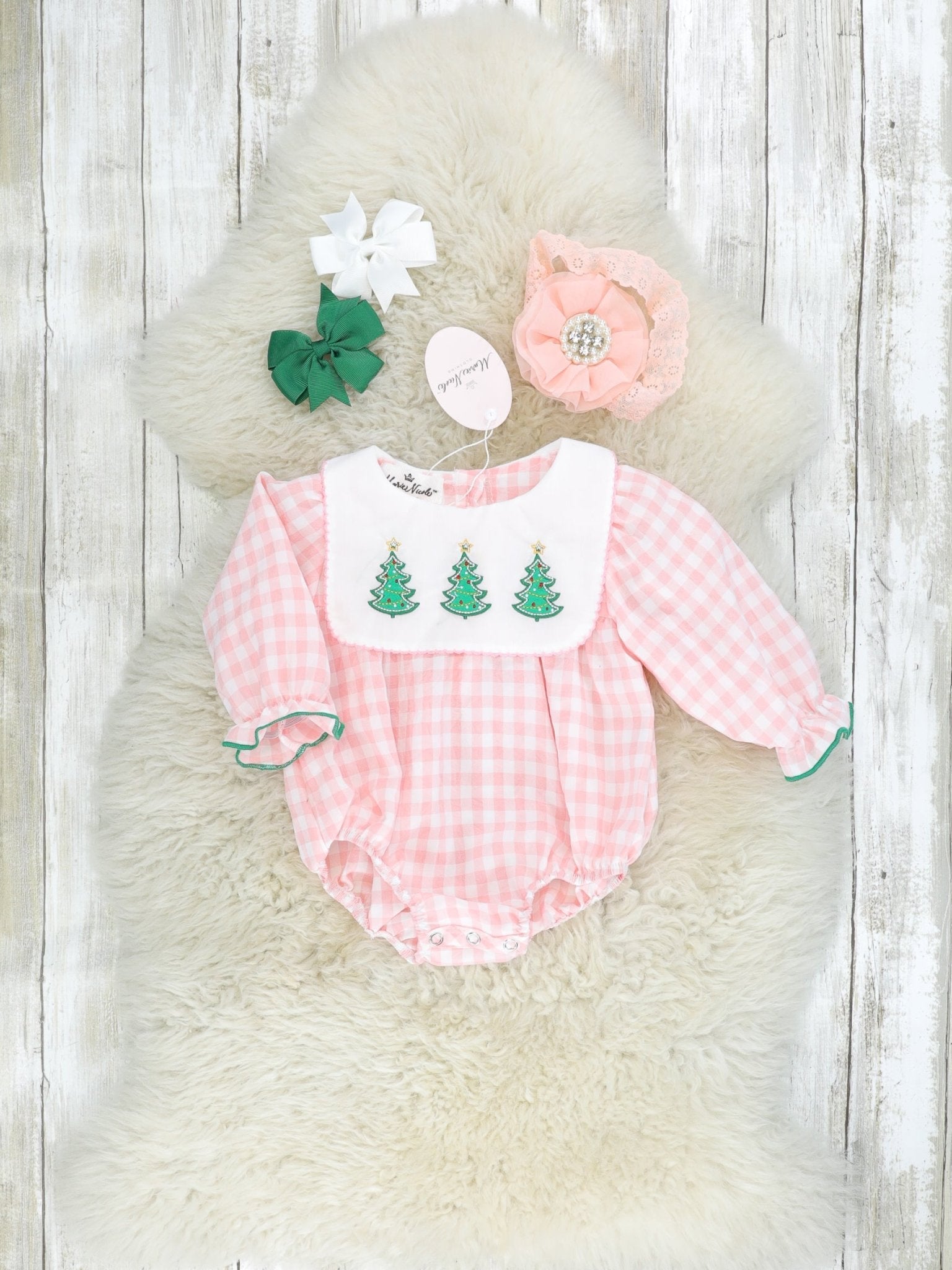 Pink Gingham Christmas Tree Bib Collar Romper - Marie Nicole Clothing