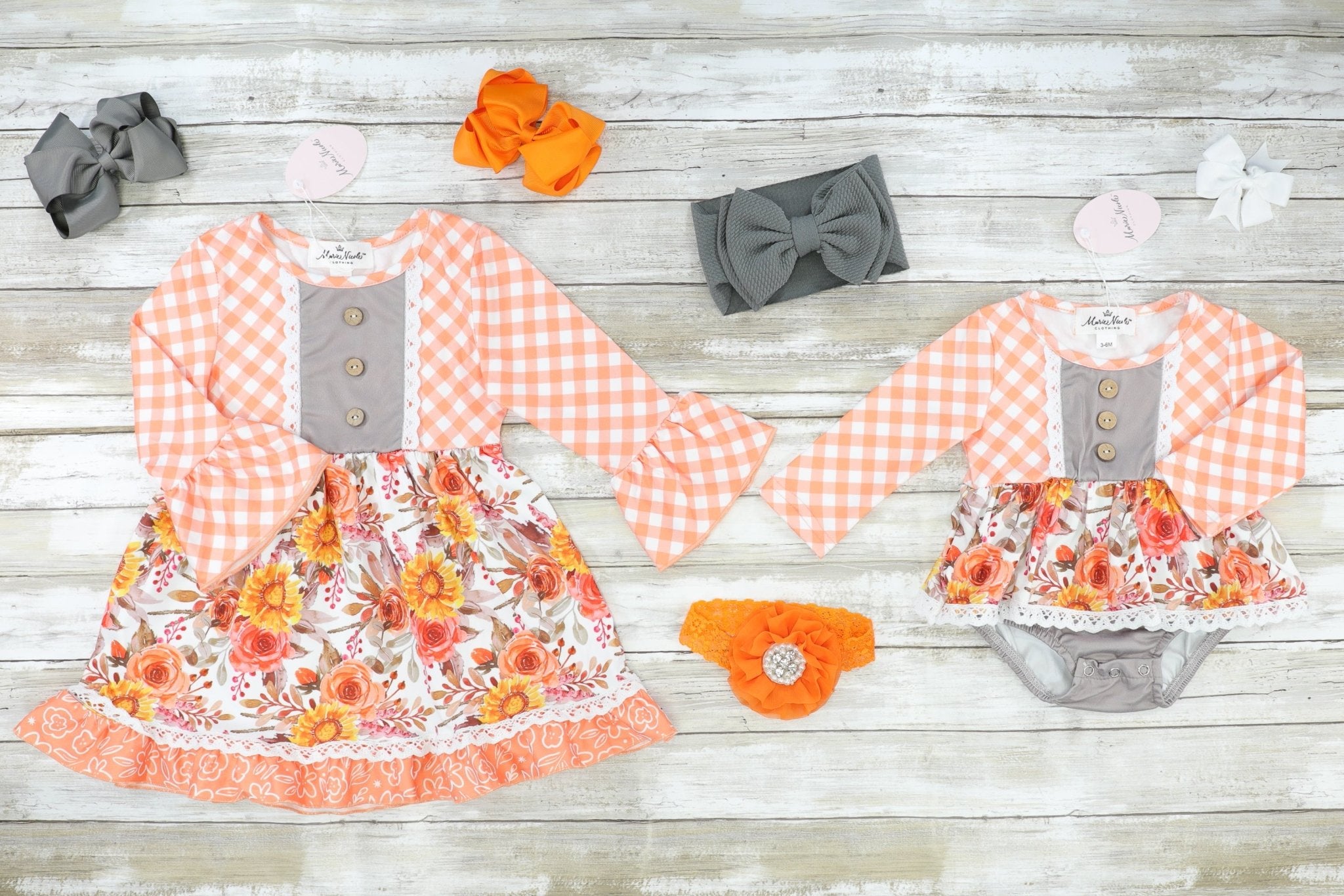 Japanese Sunflower & Rose Orange Gingham Dress - Marie Nicole Clothing