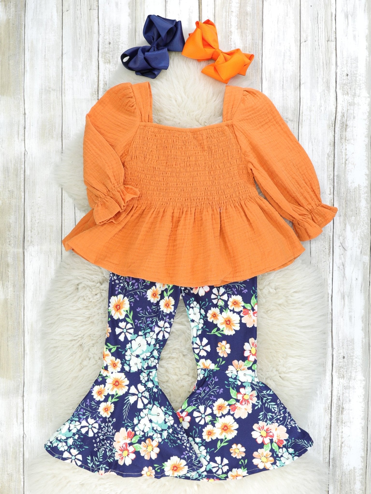 Burnt Orange Floral Ruffle Smocked Outfit - Marie Nicole Clothing