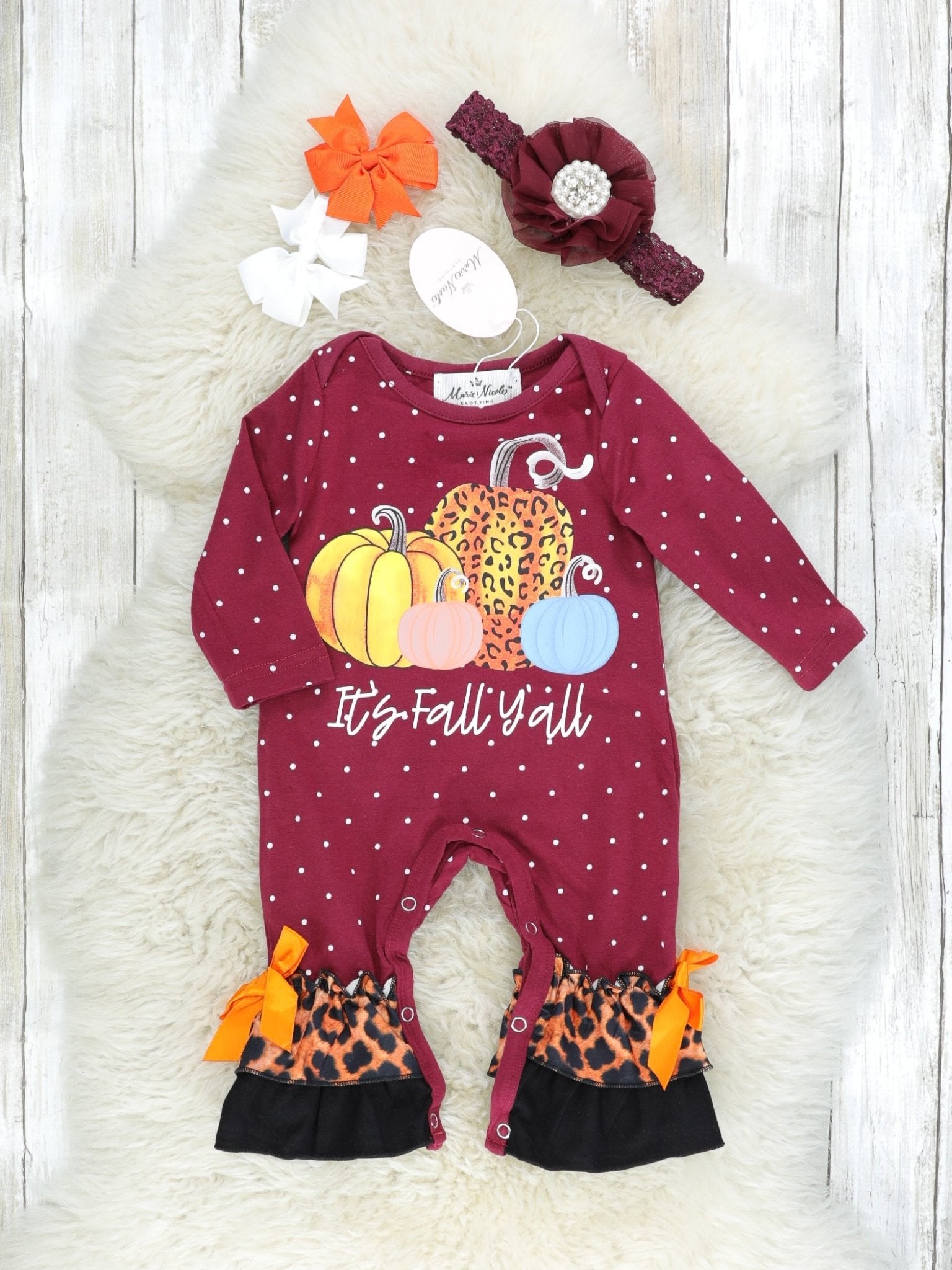 "It's Fall Y'all" Leopard Pumpkin Ruffle Romper - Marie Nicole Clothing