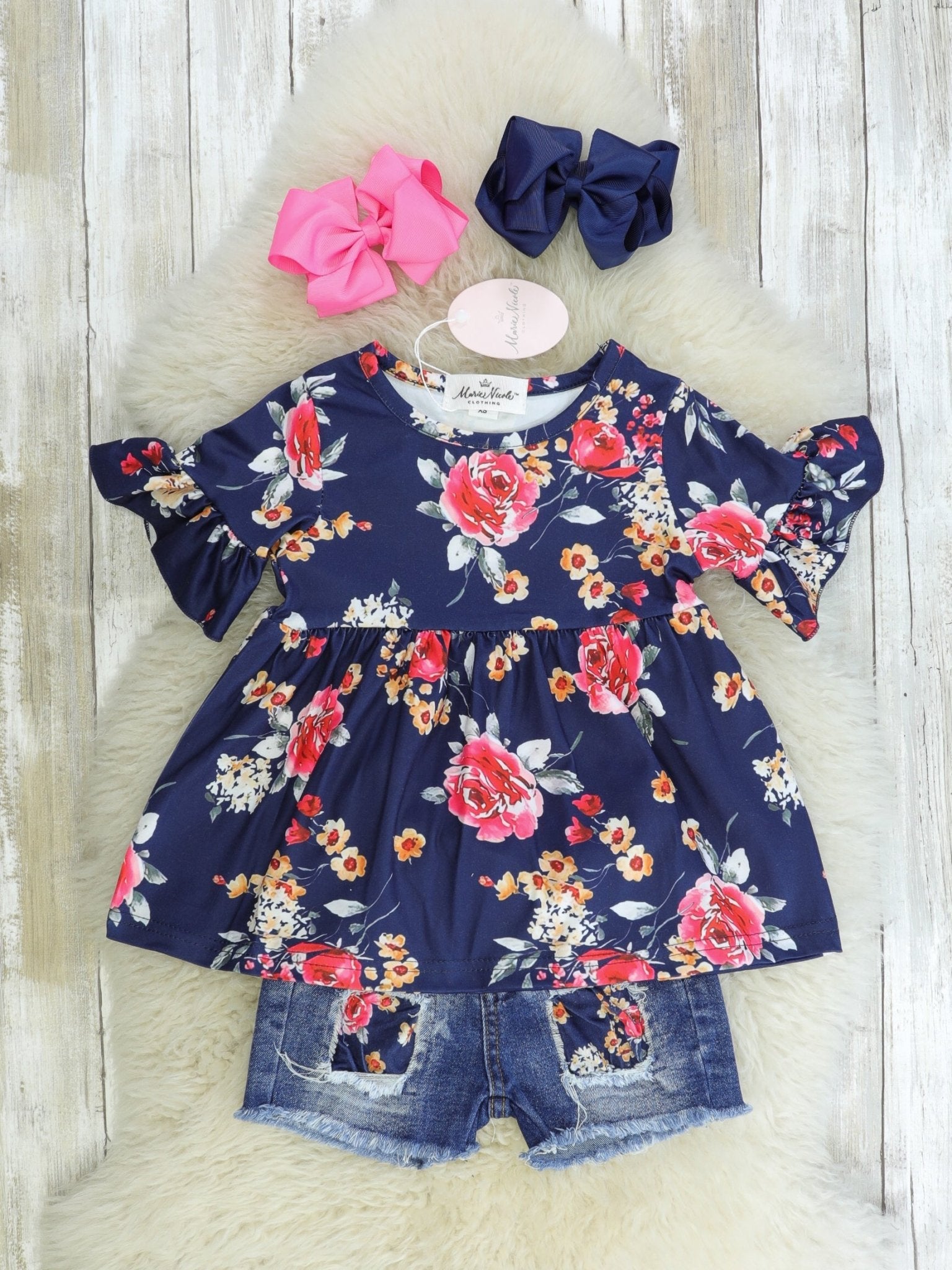 Navy & Pink Floral Tunic & Distressed Denim Shorts Outfit - Marie Nicole Clothing