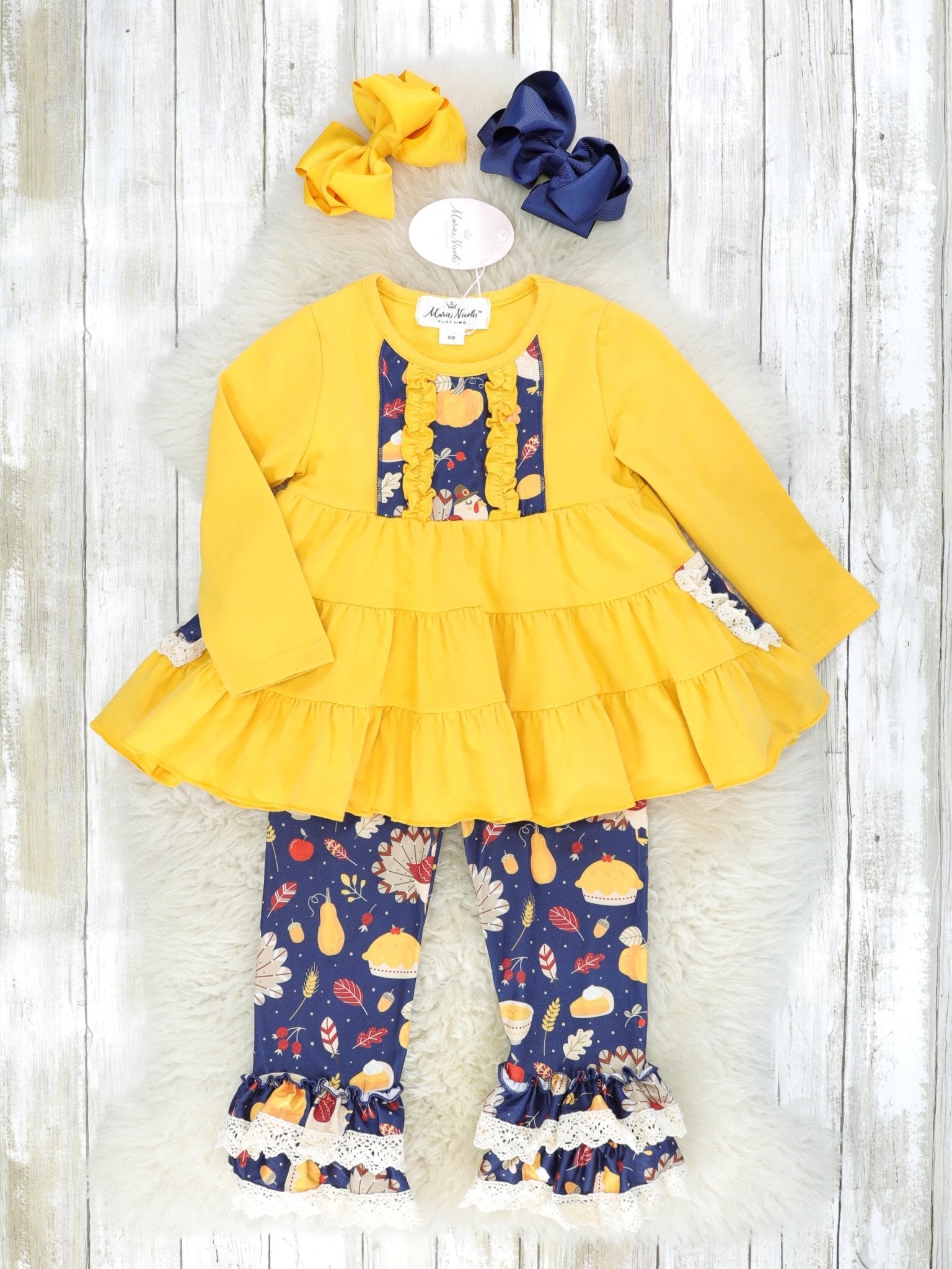 Mustard Navy Turkey Ruffle Outfit - Marie Nicole Clothing