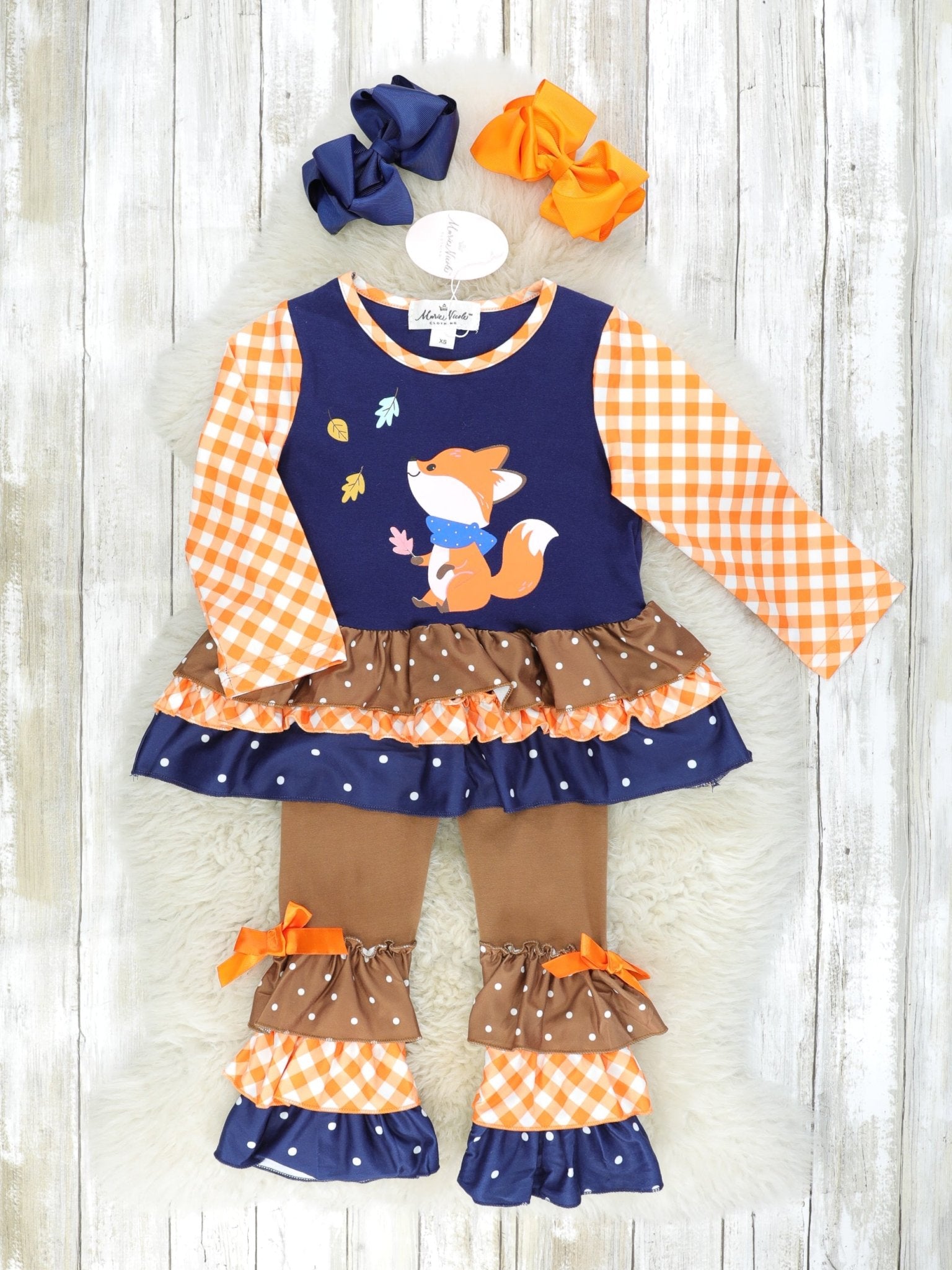 Orange Gingham & Navy Fox Ruffle Top & Brown Ruffle Bottoms Outfit - Marie Nicole Clothing