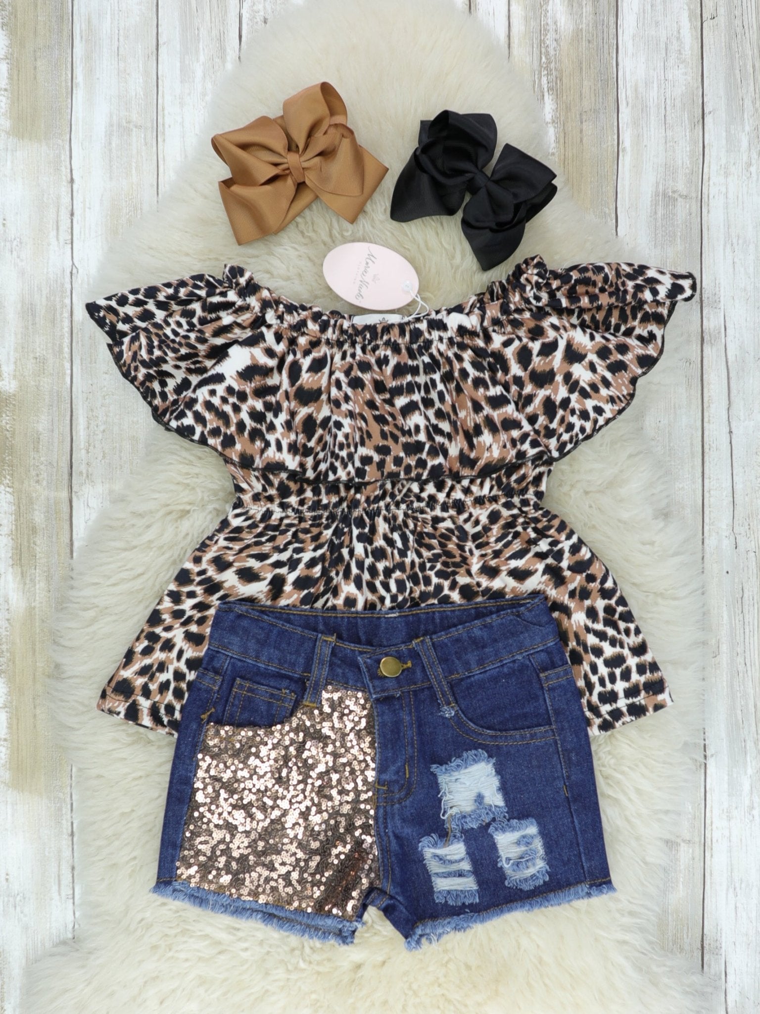 Leopard Off The Shoulder Top & Denim Sequin Shorts Outfit - Marie Nicole Clothing