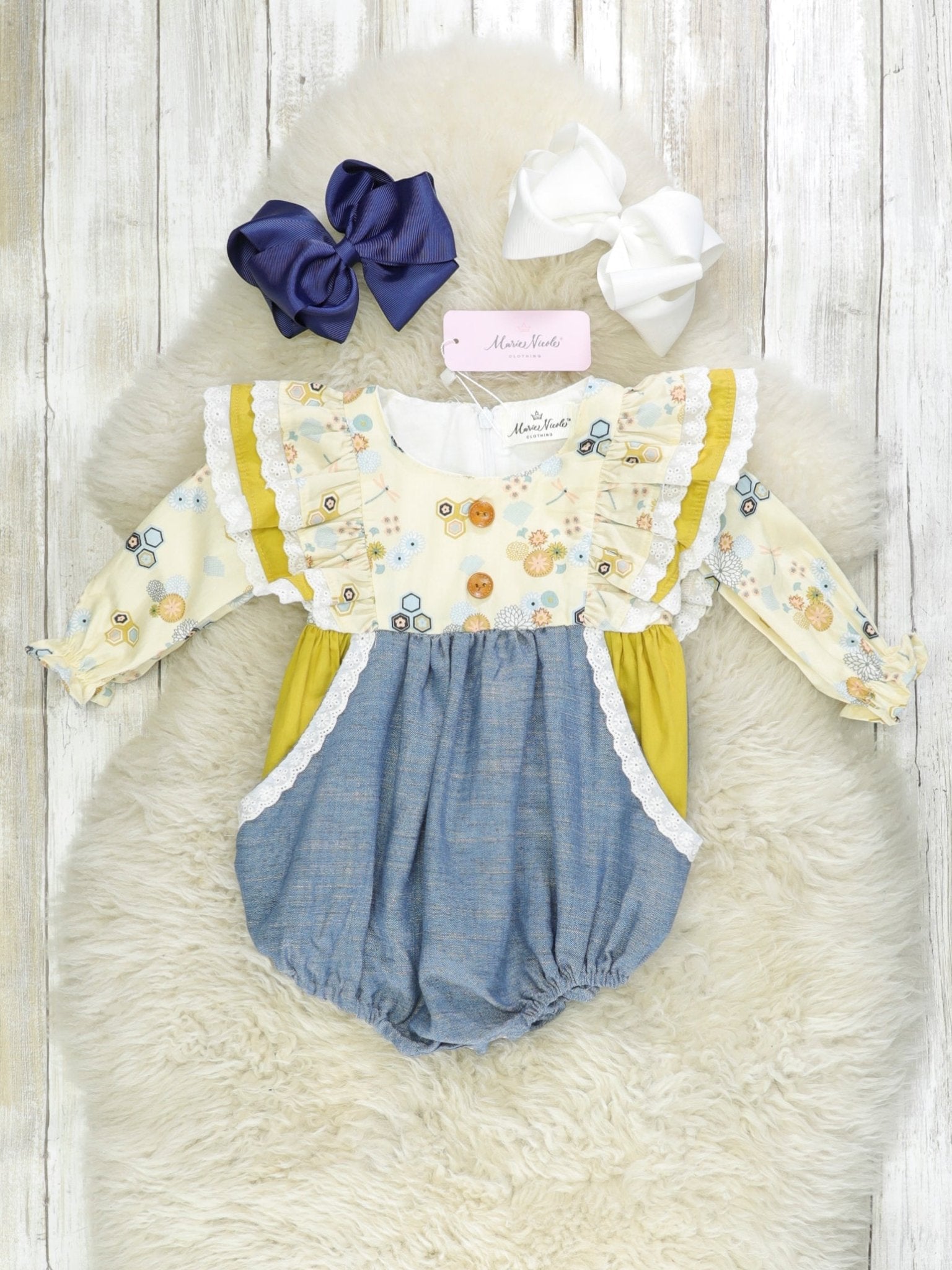 Pale Yellow Chambray Ruffle Romper - Marie Nicole Clothing