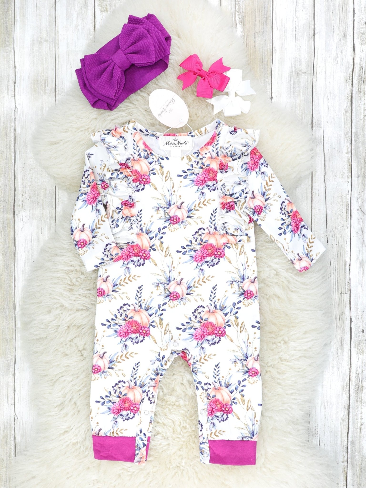 Dark Magenta Floral Pumpkin Ruffle Romper - Marie Nicole Clothing