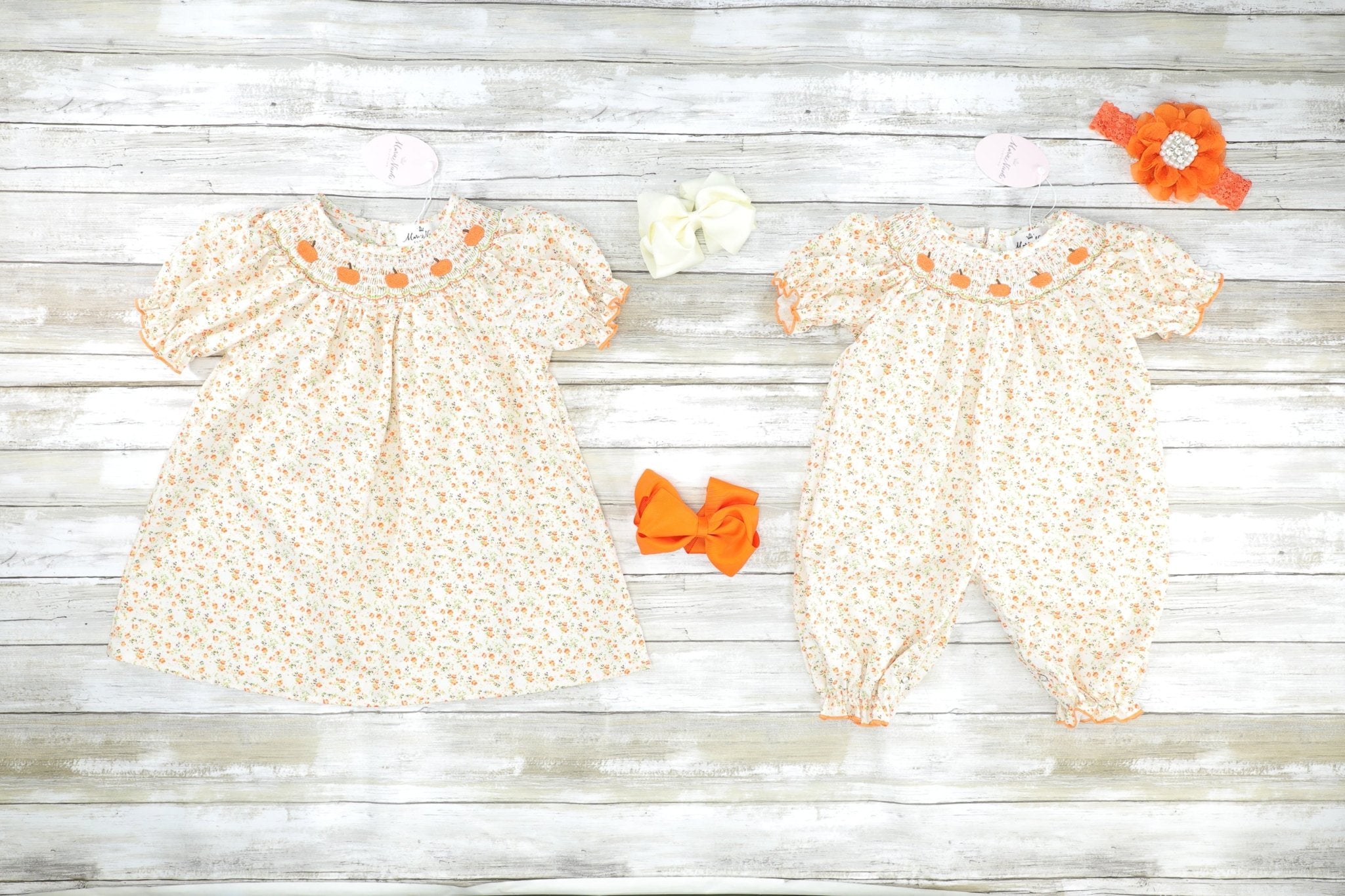 Orange Smocked Pumpkin Floral Dress - Marie Nicole Clothing
