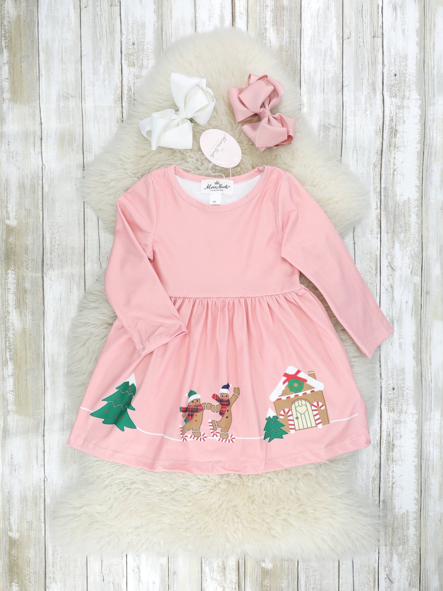 Pink Gingerbread Land Dress W/ Fur Vest - Marie Nicole Clothing