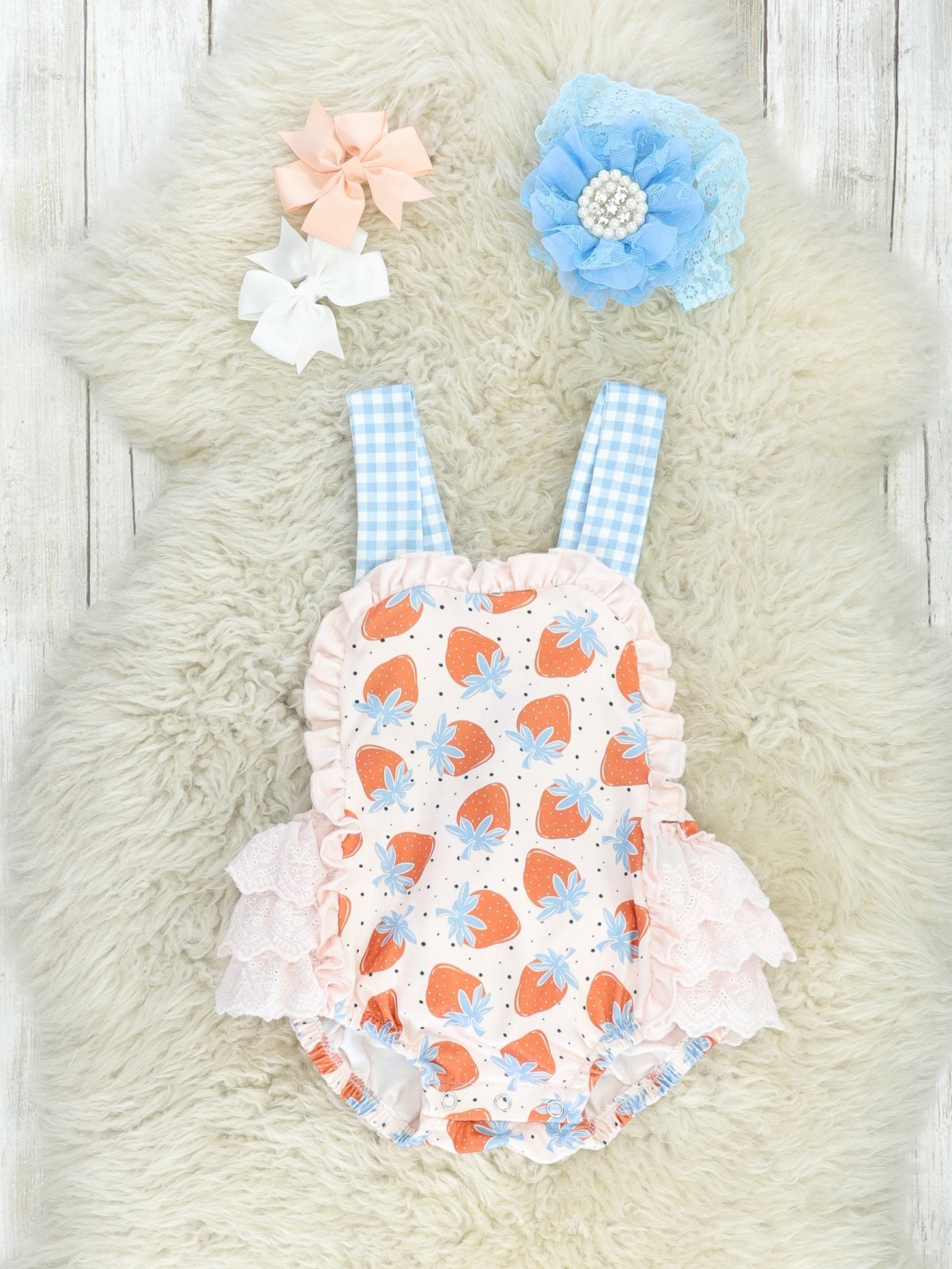 Tan Strawberry Gingham Ruffle Bubble Romper - Marie Nicole Clothing
