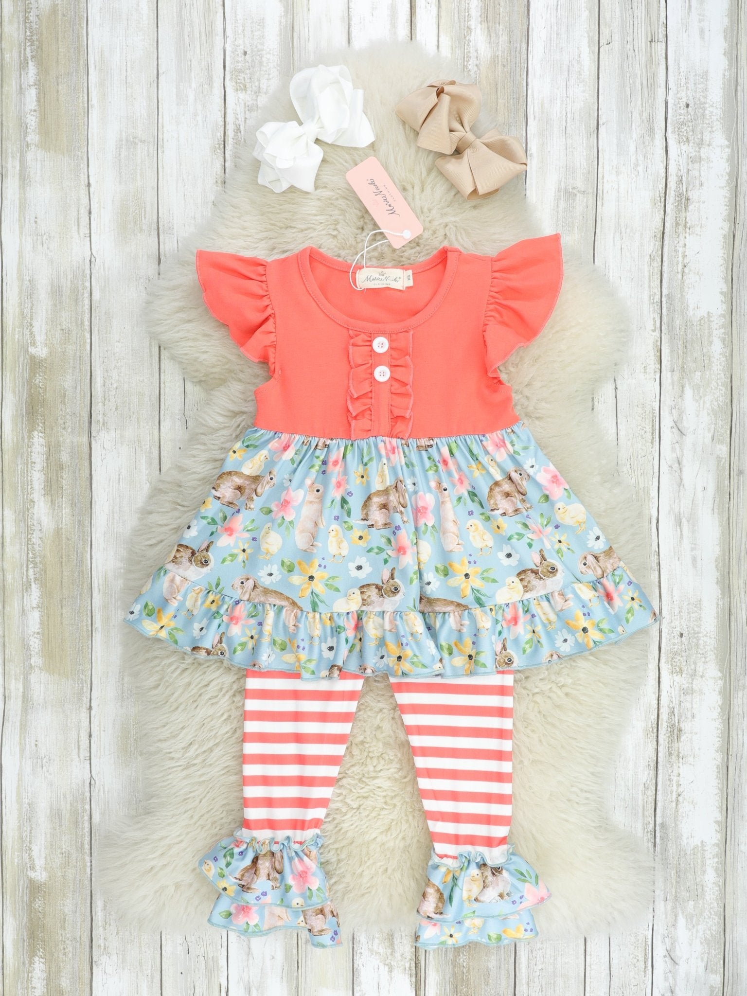 Coral Floral Bunny Ruffle Outfit - Marie Nicole Clothing