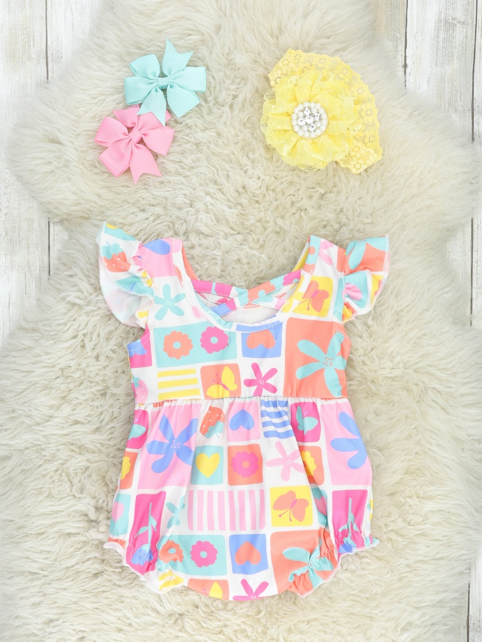 Fun Floral Geometric Ruffle Bubble Romper - Marie Nicole Clothing